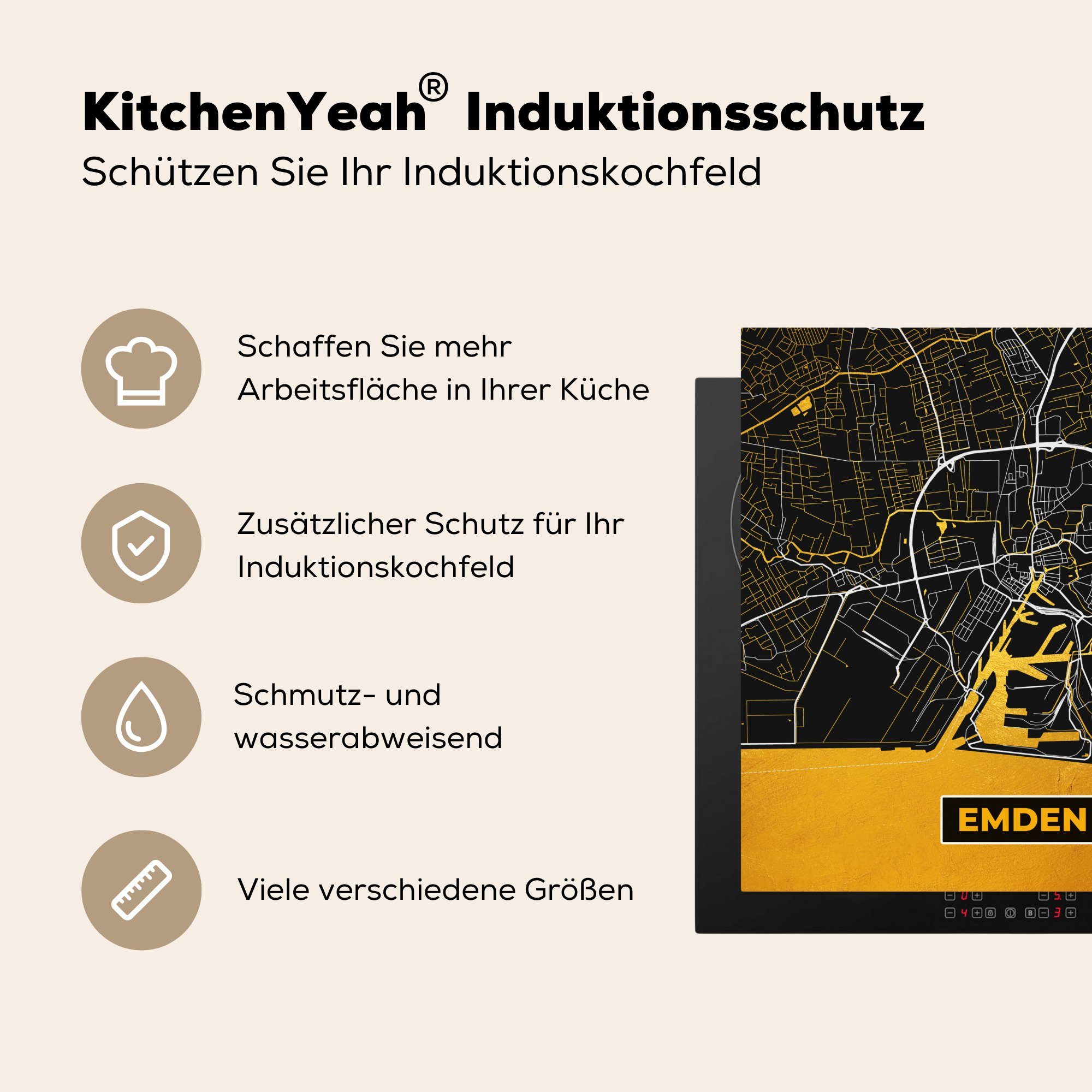 (1 Schwarz cm, - Emden MuchoWow Stadtplan - - Gold Ceranfeldabdeckung, Herdblende-/Abdeckplatte für tlg), Vinyl, - 78x78 Arbeitsplatte Deutschland küche Karte, und