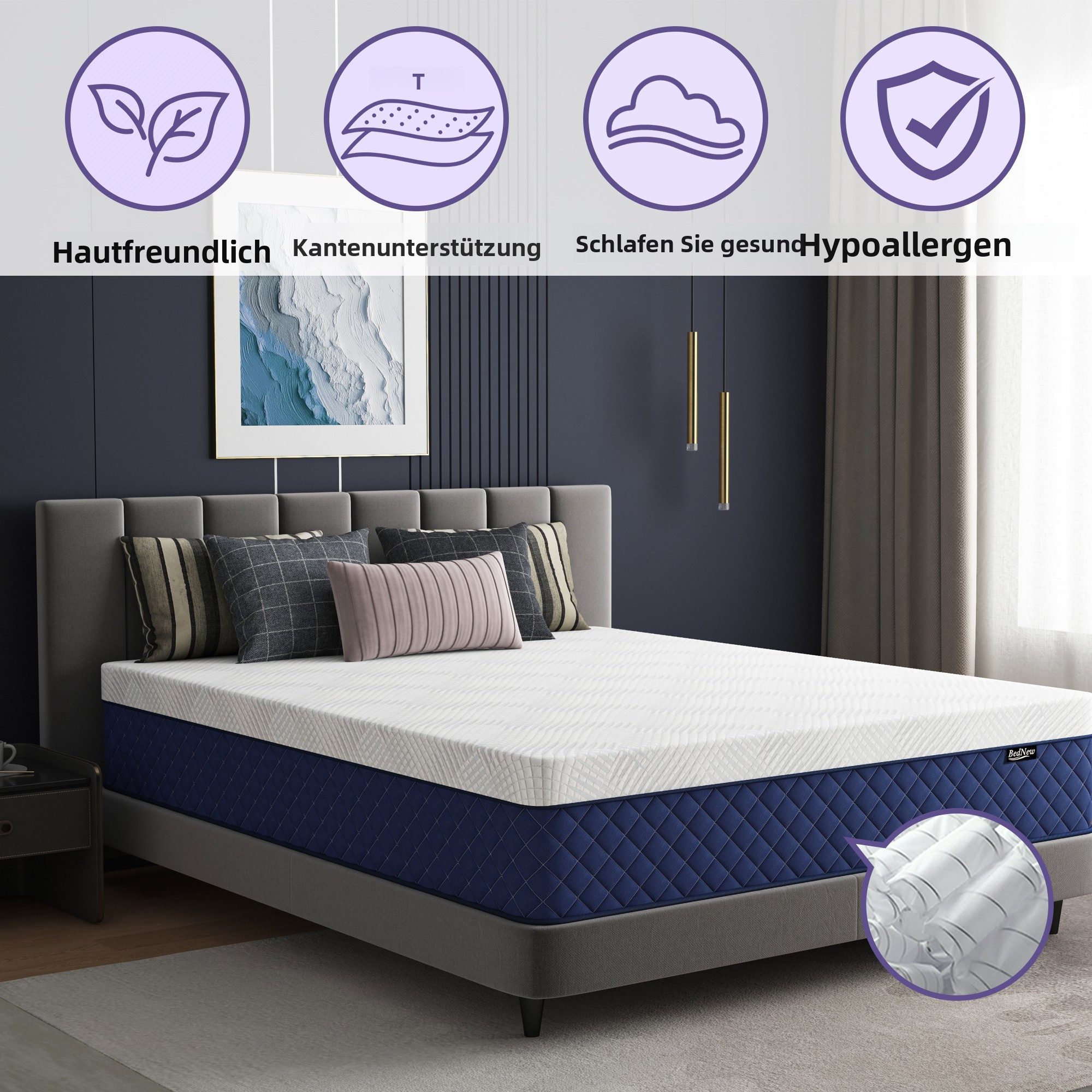 Taschenfederkernmatratze mit Comfort Memory-Schaum Schicht, H3 Höhe 31cm, 7-Zonen, 180x200cm, Bednew, 31 cm hoch, Einseitig verwendbar,101Nächte Probeschlafen,  – Bild 5 von 5