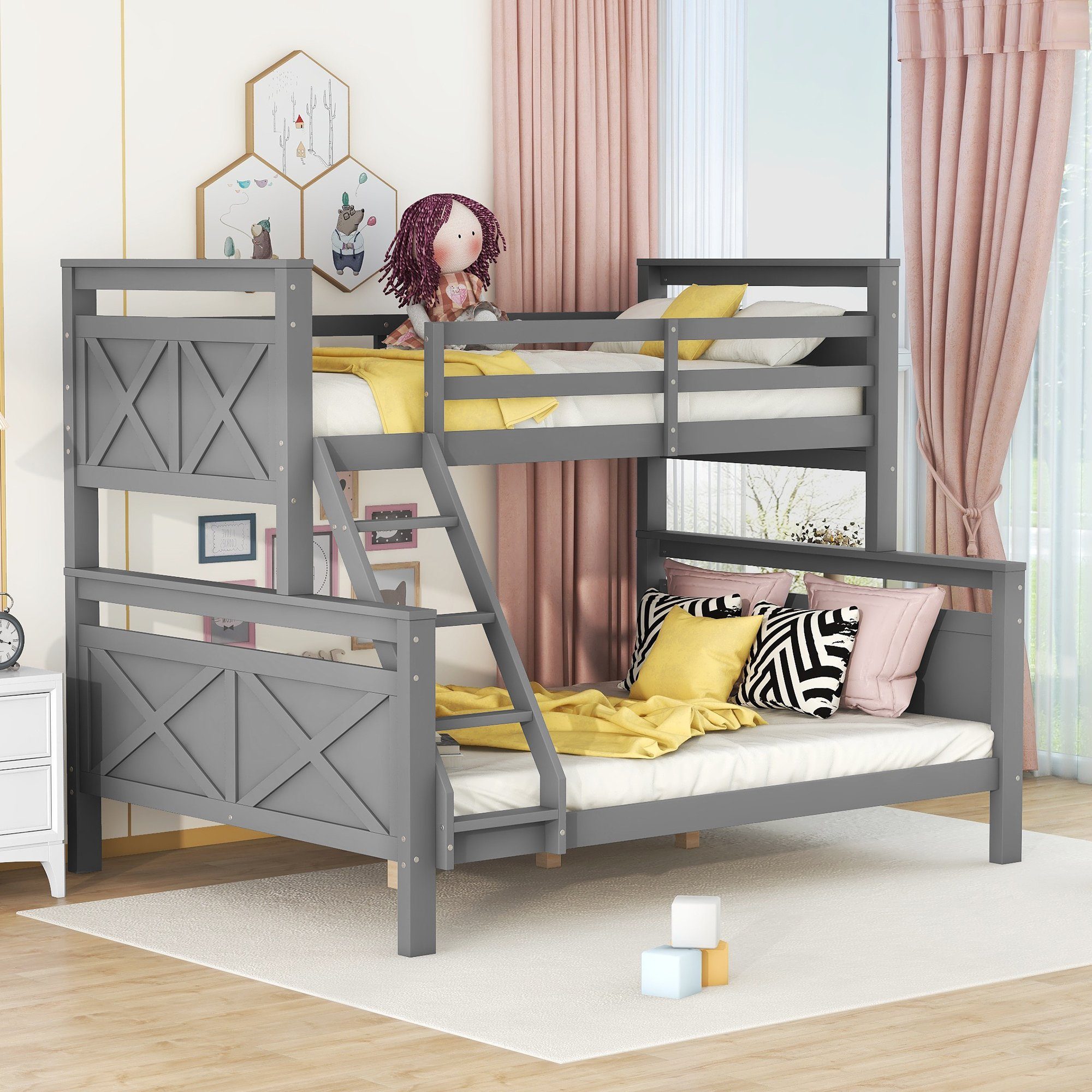 SOFTWEARY Etagenbett mit 2 Schlafgelegenheiten und Lattenrost (90x200 cm/140x200 cm), Kinderbett mit Rausfallschutz und Leiter, Kiefer