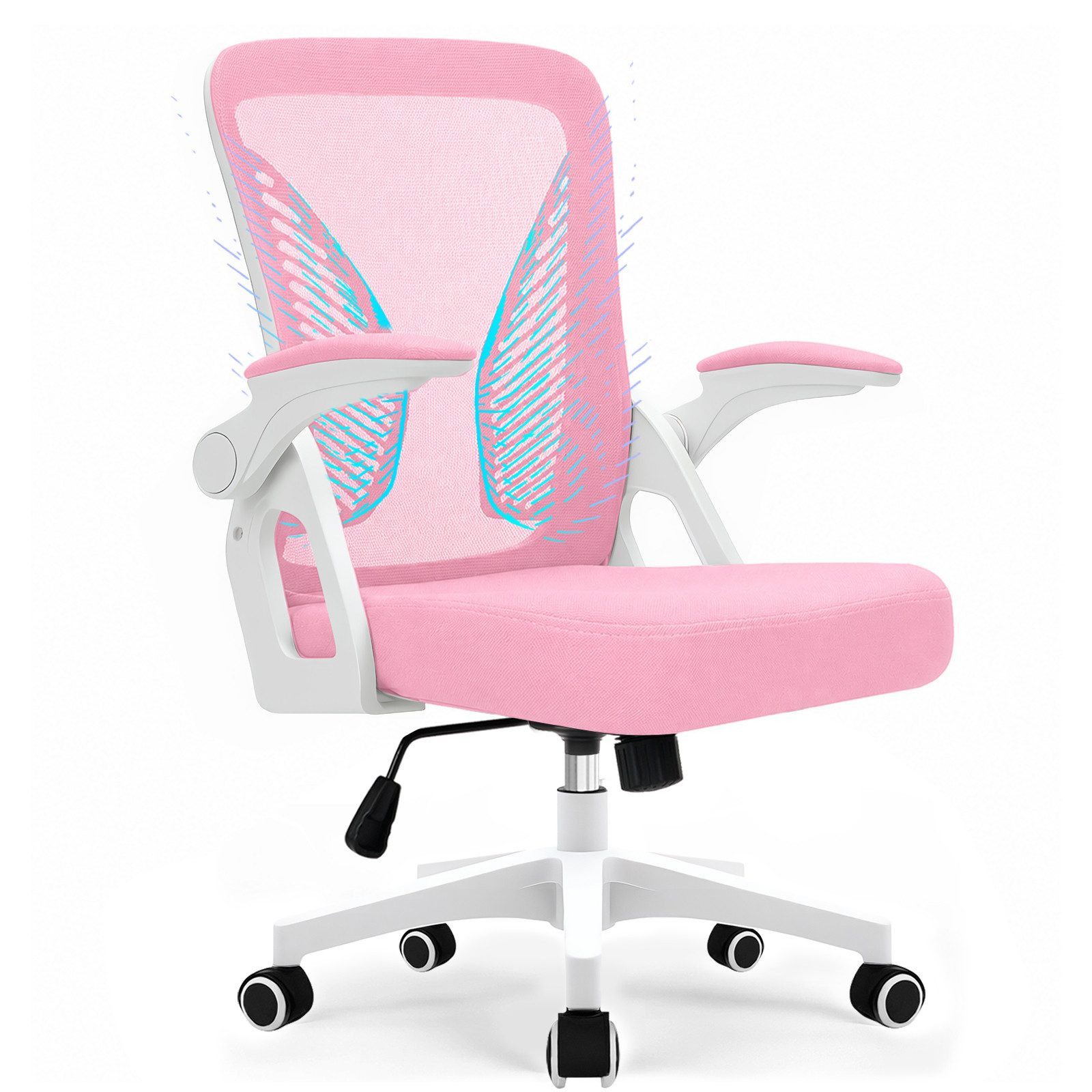 Milacyee Bürostuhl Ergonomischer Bürostuhl mit 90° klappbaren, gepolsterten Armlehnen (Höhenverstellbarer Atmungsaktiv Chefsessel mit geräuscharmen Rollen,Drehstuhl mit dynamische Rückenstütze), Platzsparend, Atmungsaktives Mesh, 150 kg Belastbarkeit