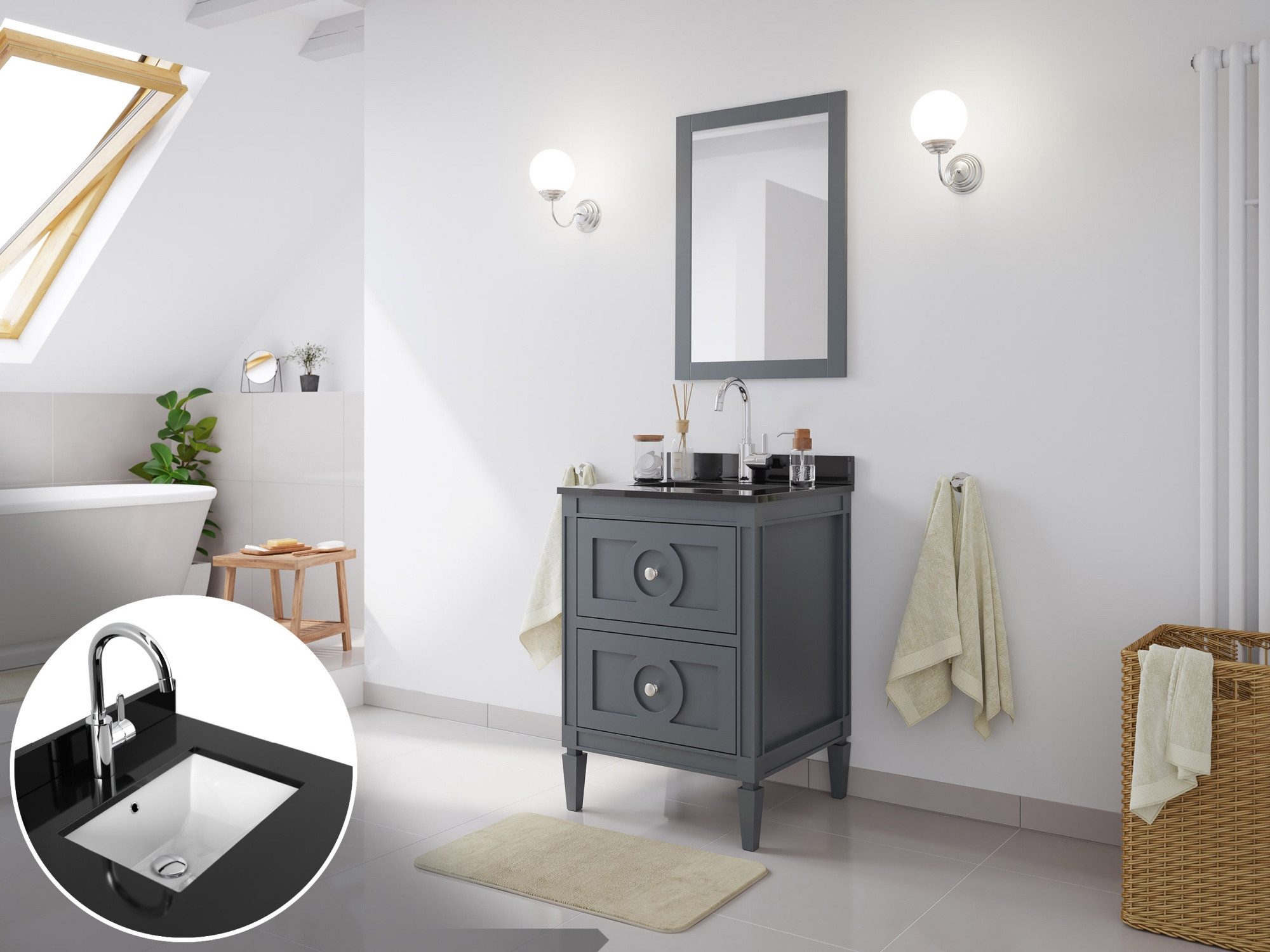 Magnolia Home Badmöbel-Set Landhaus Badmöbel-Set 2tlg Lavanda 60 Quarz schwarz montiert grau lack
