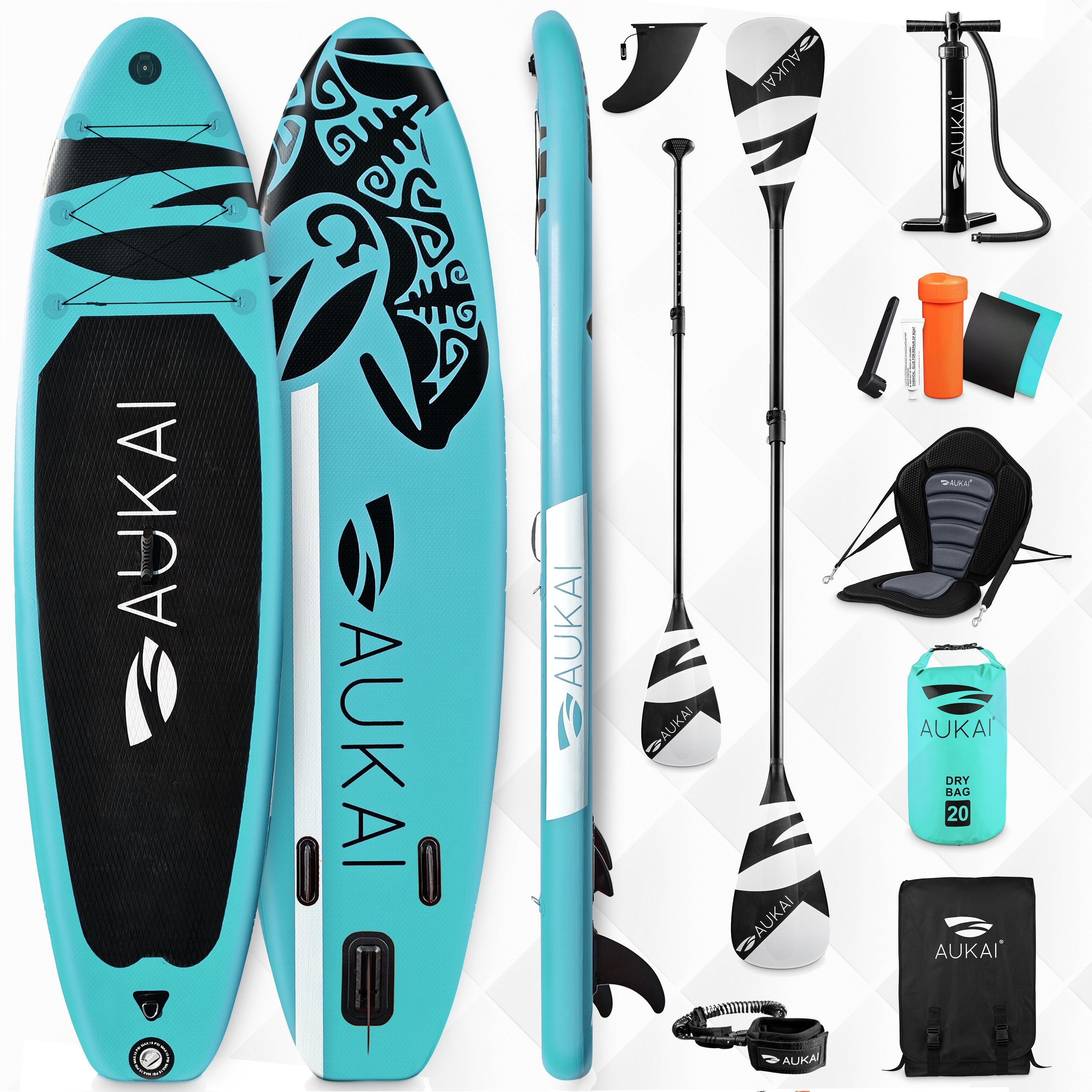 Aukai SUP-Board PRO 320cm, 2in1 Aufblasbares Stand up Paddle Set mit Kajak-Sitz, (Action-Cam-Halterung, Fußschlaufe, Pumpe, Rucksack, AquaBag), Komplettsett - 5 Jahre Garantie