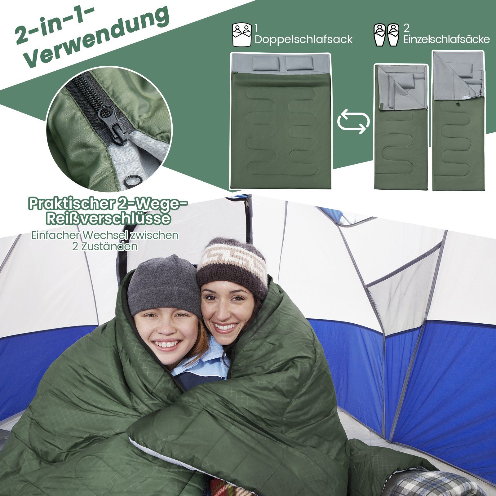 COSTWAY Doppelschlafsack, 220x150cm, 2 Personen+Kissen, 3 Jahreszeiten, 0°C günstig online kaufen