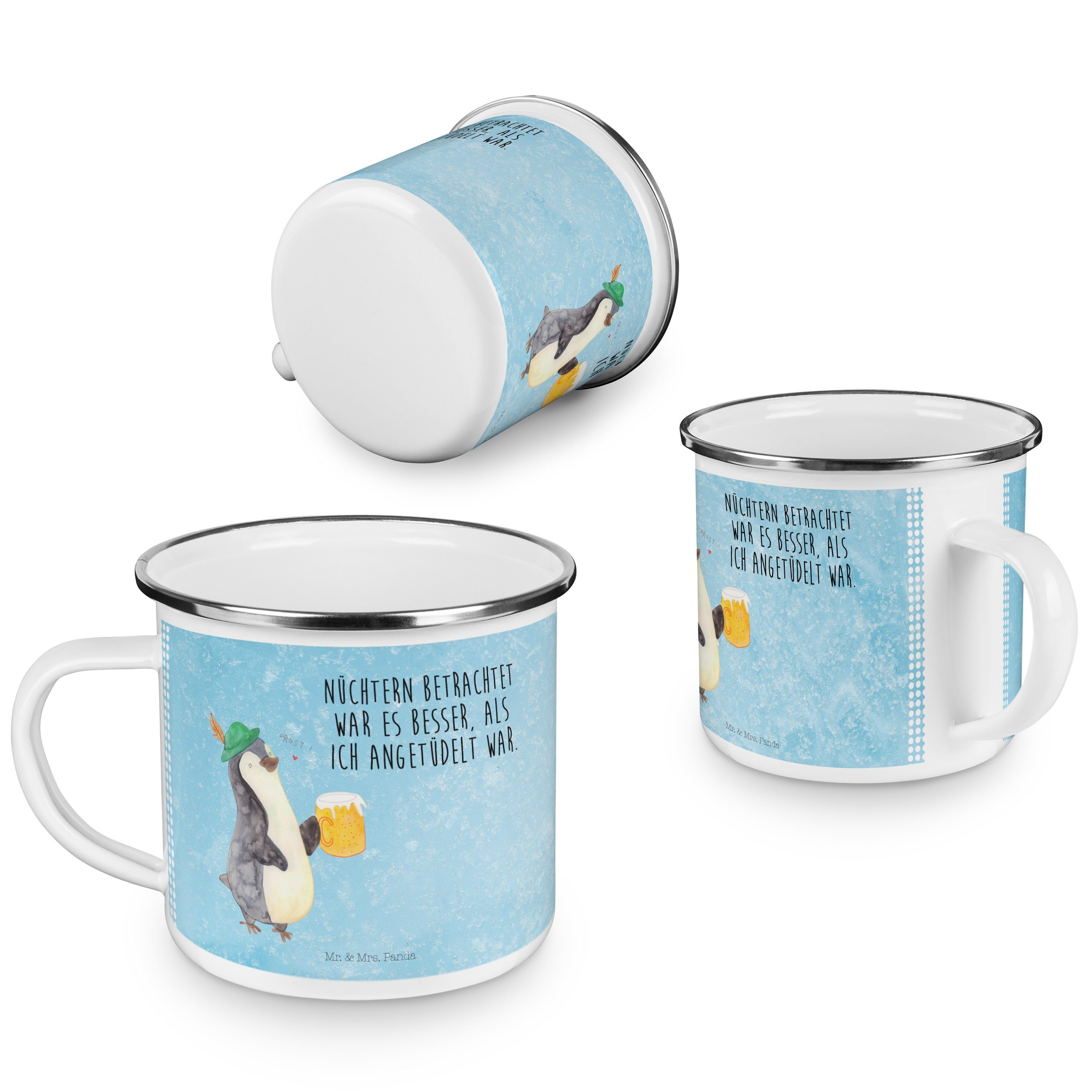 Blecht, Becher Kaffee Mrs. Eisblau Bier Emaille - & Mr. Pinguin Panda - Emaille Geschenk, Trinkbecher,