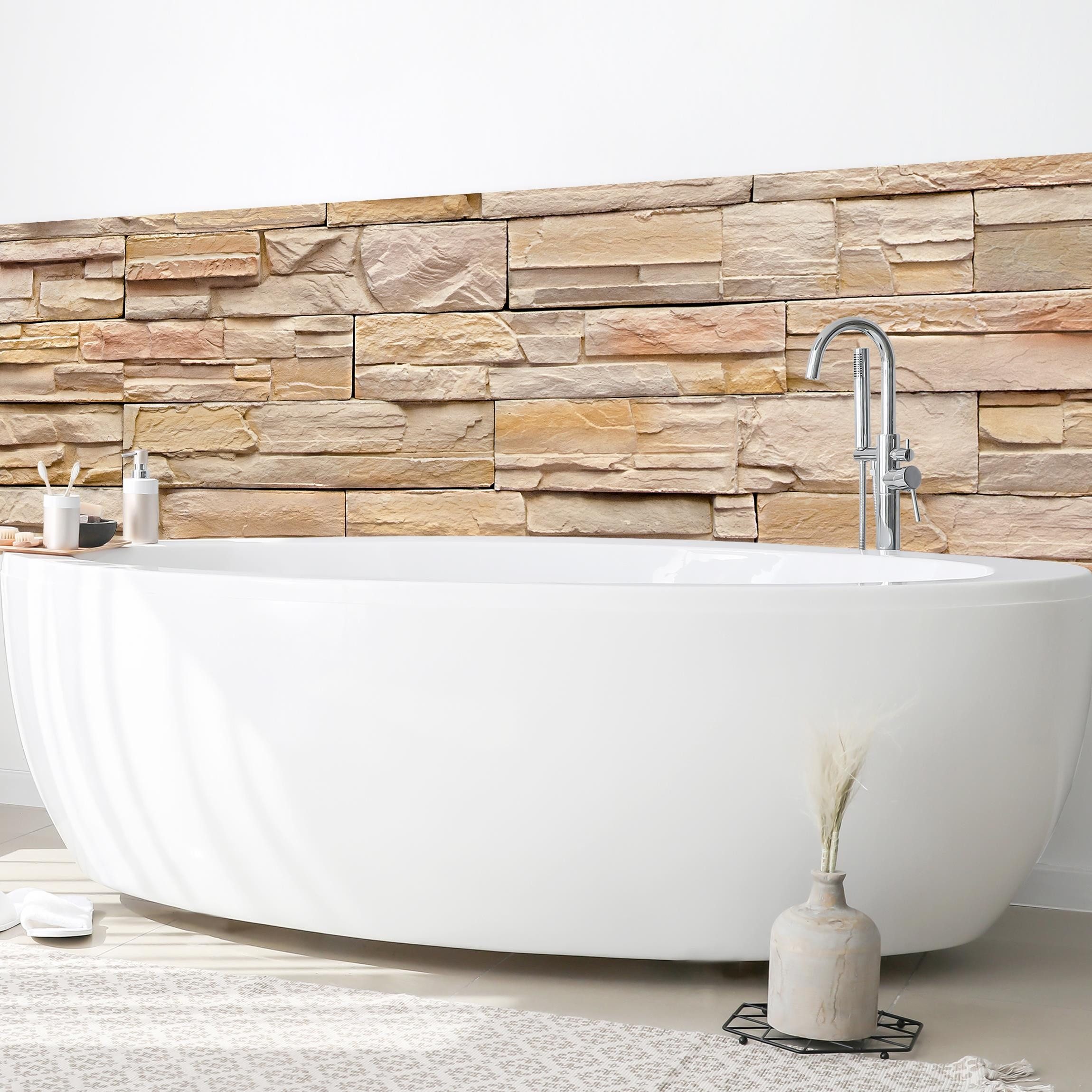 Bilderdepot24 Badrückwand beige fugenlose Wandverkleidung Bad mit Motiv, (Hartfolie matt » Selbstklebend SMART 0,35 mm), wasserfestes Wandpaneel Steinmauer Steinen