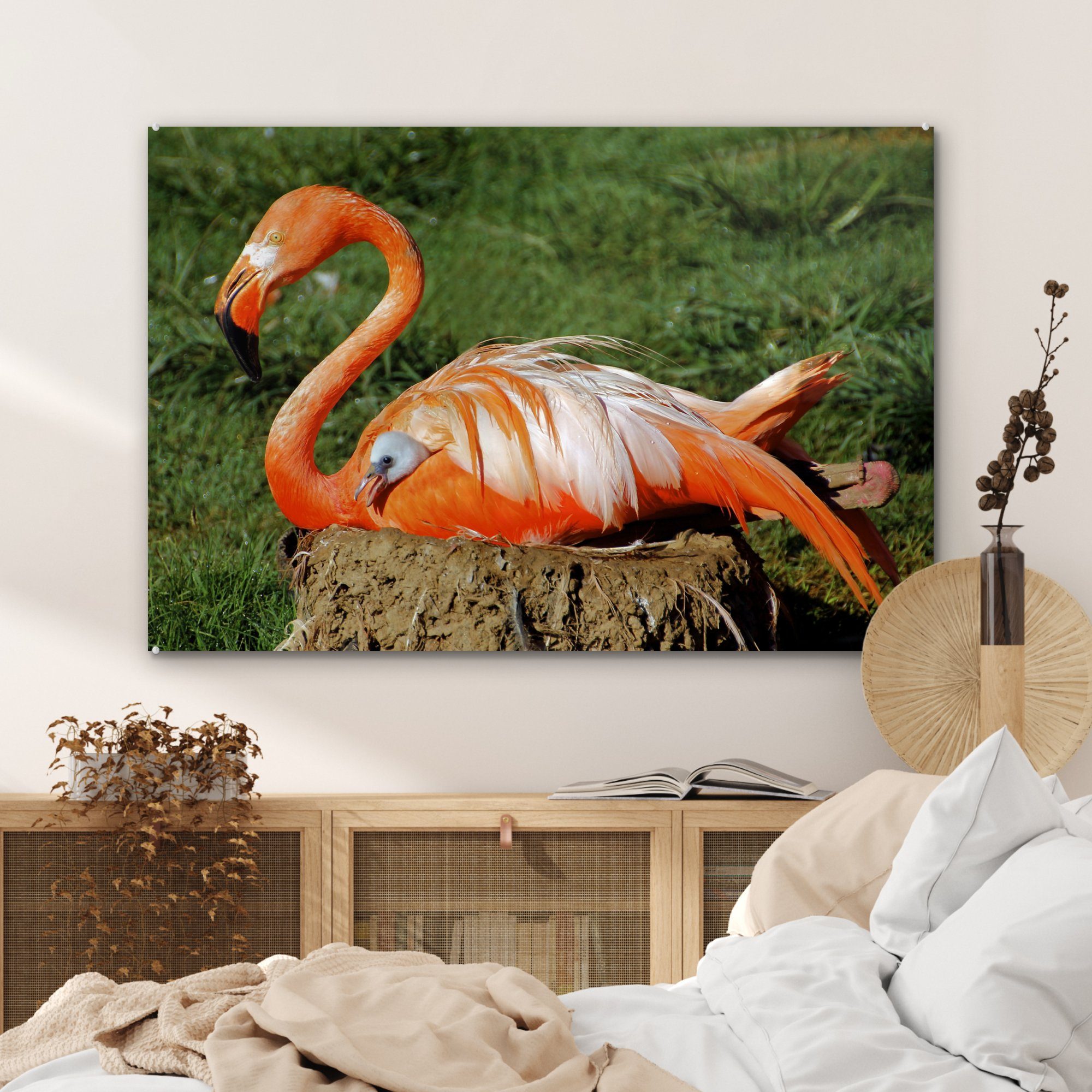 Flamingo unter Schlafzimmer St), MuchoWow Acrylglasbild Flügeln, beschützt ihr Acrylglasbilder (1 ihren & Küken Wohnzimmer
