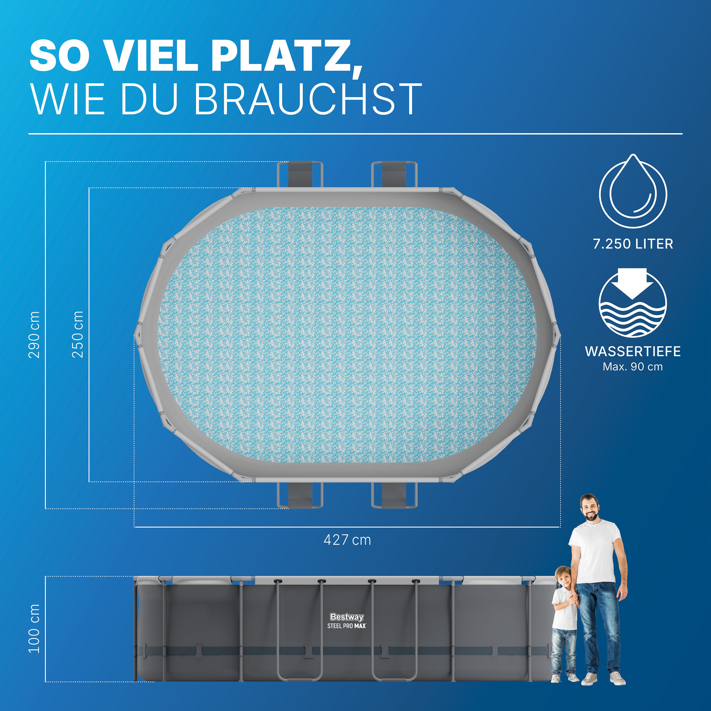 Bestway Framepool Steel Pro MAX (Set, Inkl. Filterpumpe, Sicherheitsleiter), 427 x 250 x 100 cm