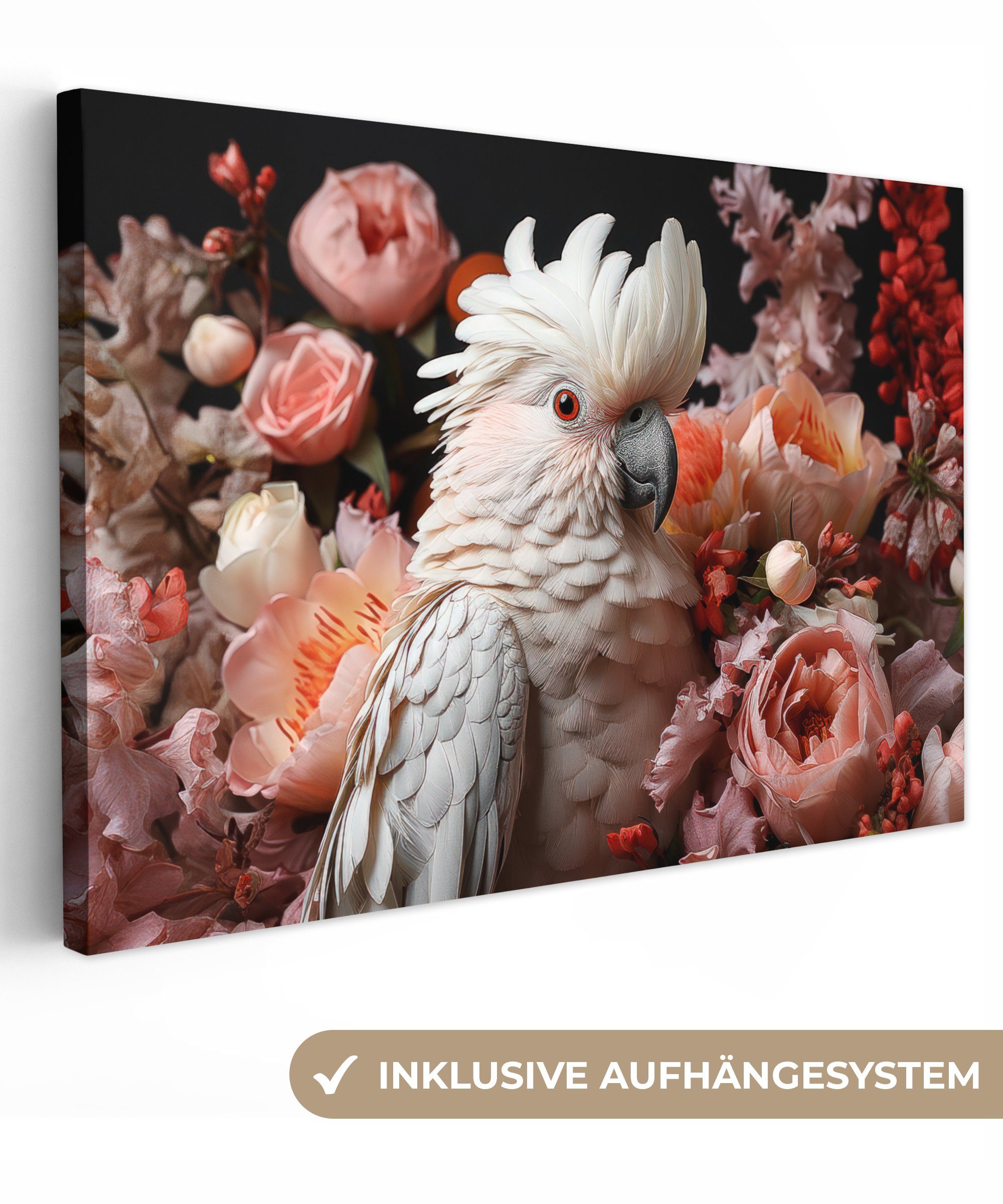 OneMillionCanvasses® Leinwandbild Kakadu - Wandbild alle 120x80 - Botanisch - cm Wohnbereiche, Rosa, Blumen St), großes, (1 Gemälde, - Natur Tier - XXL, für