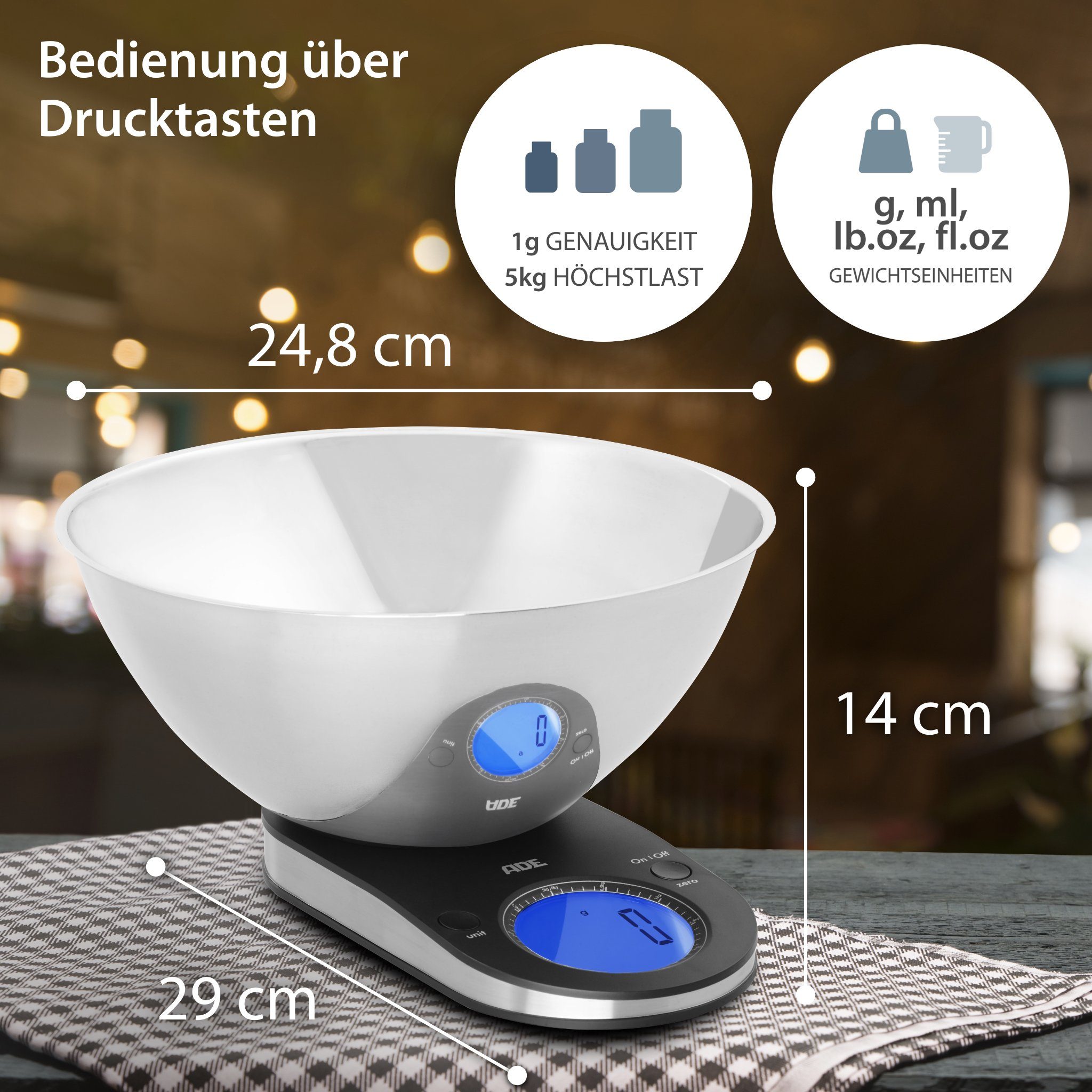 ADE Schüsselwaage Küchenwaage mit abnehmbarer Edelstahlschüssel, (2-tlg), mit anderen Schüsseln verwendbar, bis 5 kg