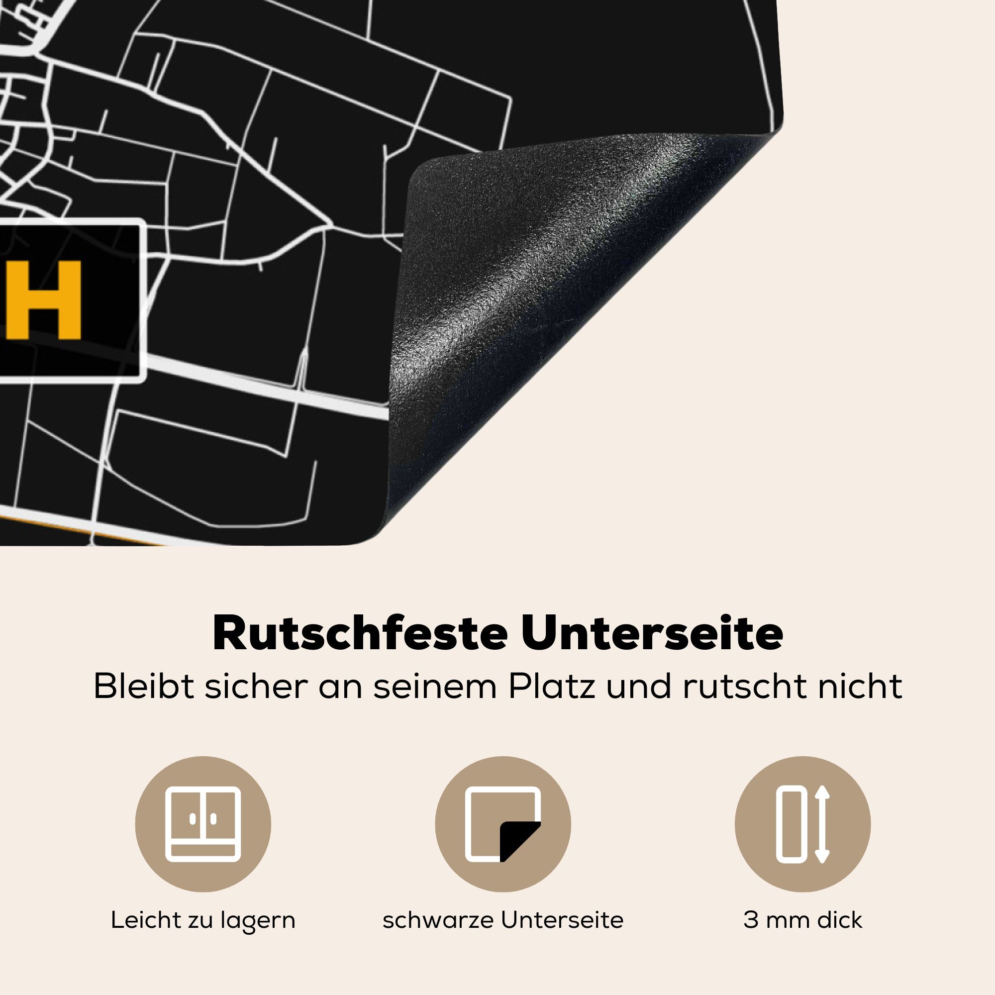 Vinyl, - - - Arbeitsplatte MuchoWow Deutschland Karte, und Herdblende-/Abdeckplatte Ceranfeldabdeckung, tlg), küche für (1 Stadtplan 78x78 cm, Willich Gold - Schwarz