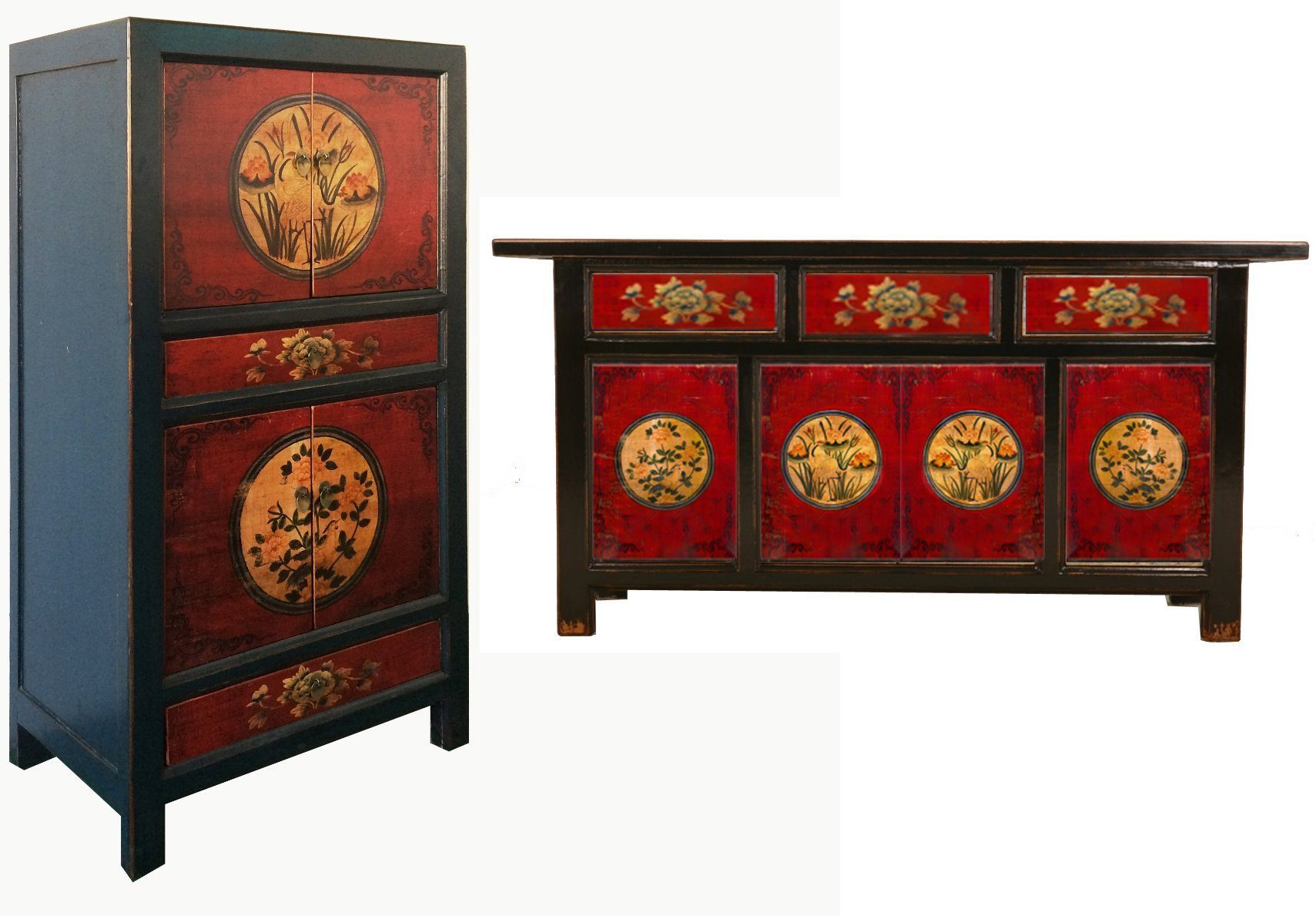 OPIUM OUTLET Wohnzimmer-Set Vintage Möbel-Kombination mit Hochzeitsschrank und Kommode, (Asia Wohnzimmer-Set bestehend aus Sideboard und Schrank, 2-St., komplett montiert, rot-schwarz), chinesisch asiatisch orientalisch Schrank Kommode Sideboard