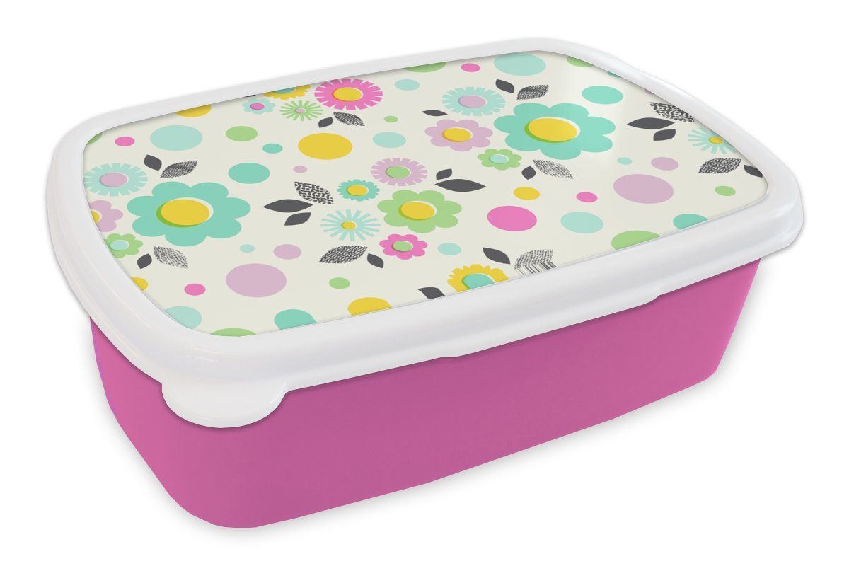 MuchoWow Lunchbox Muster - Blumen - Blätter, Kunststoff, (2-tlg), Brotbox für Erwachsene, Brotdose Kinder, Snackbox, Mädchen, Kunststoff rosa