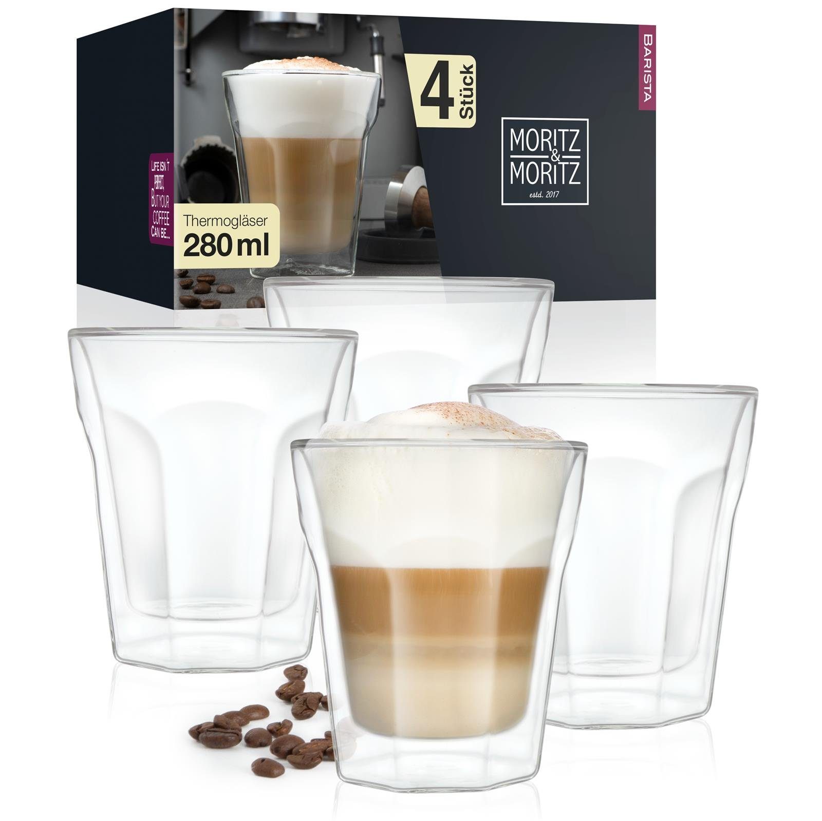 Moritz & Moritz Gläser-Set Moritz & Moritz Kelch Glas 4x 280ml, Borosilikatglas, Doppelwandige Gläser für Kaffee, Tee oder Dessert