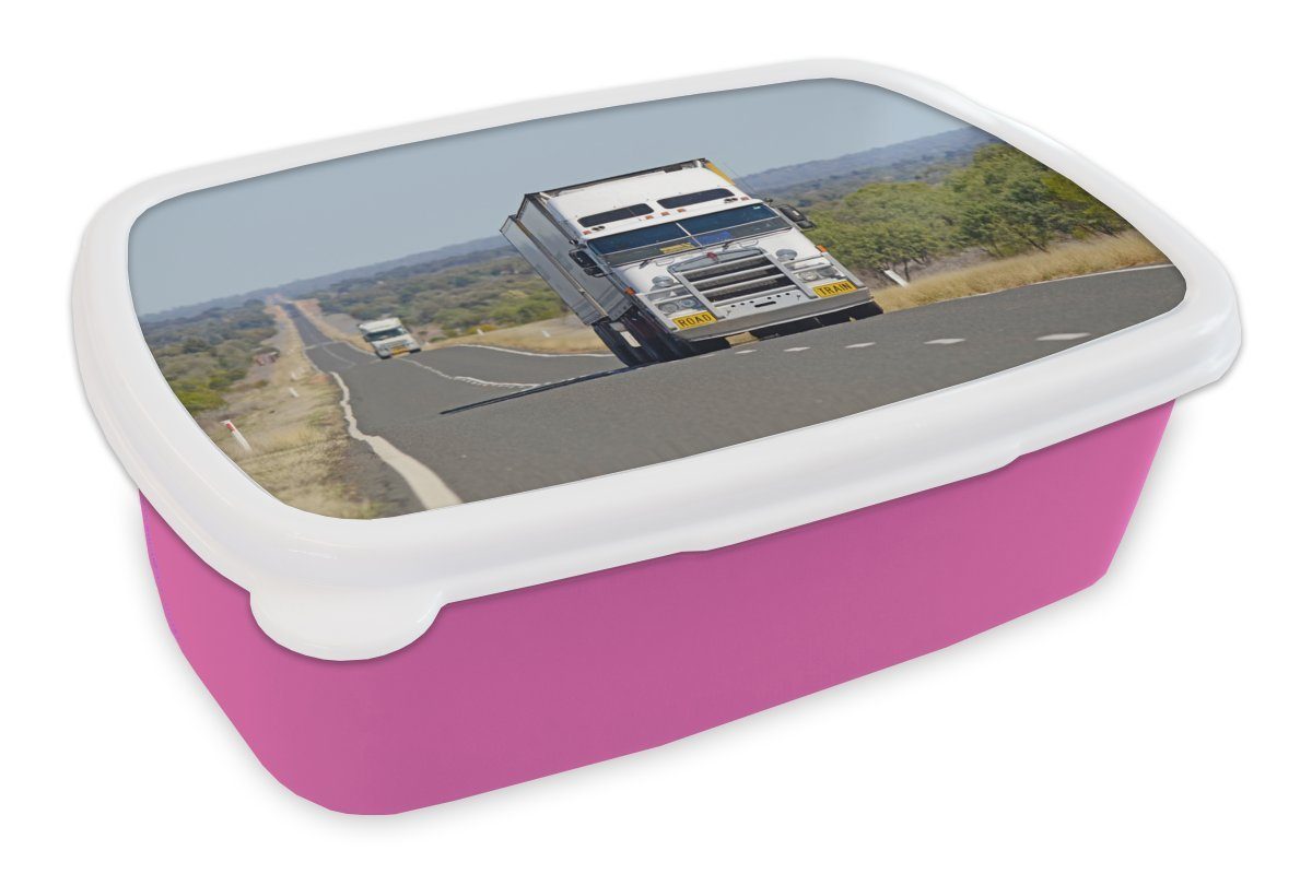 MuchoWow Lunchbox Lastwagen an einem sonnigen Tag, Kunststoff, (2-tlg), Brotbox für Erwachsene, Brotdose Kinder, Snackbox, Mädchen, Kunststoff rosa