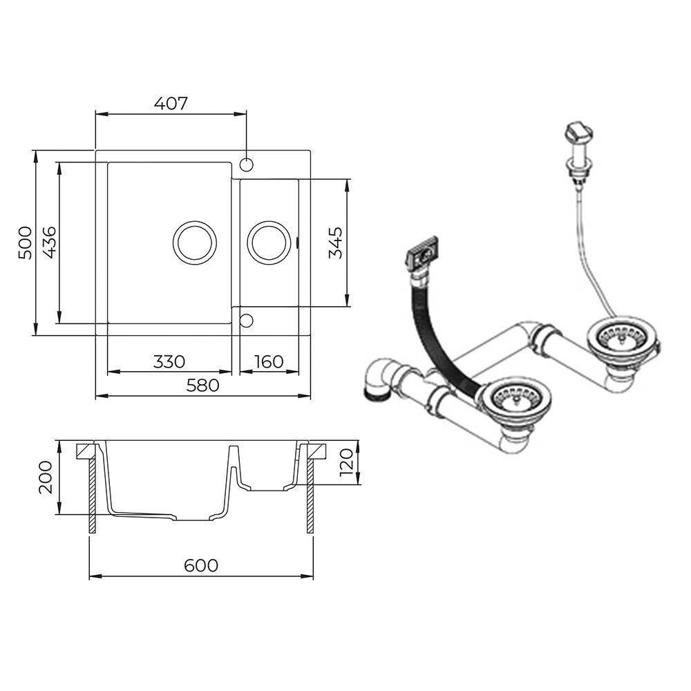 Bergstroem Granitspüle Prag, Beton, 58 x 50 cm mit 2 Spülen, Rechteckig, 58/50 cm, (1 St)
