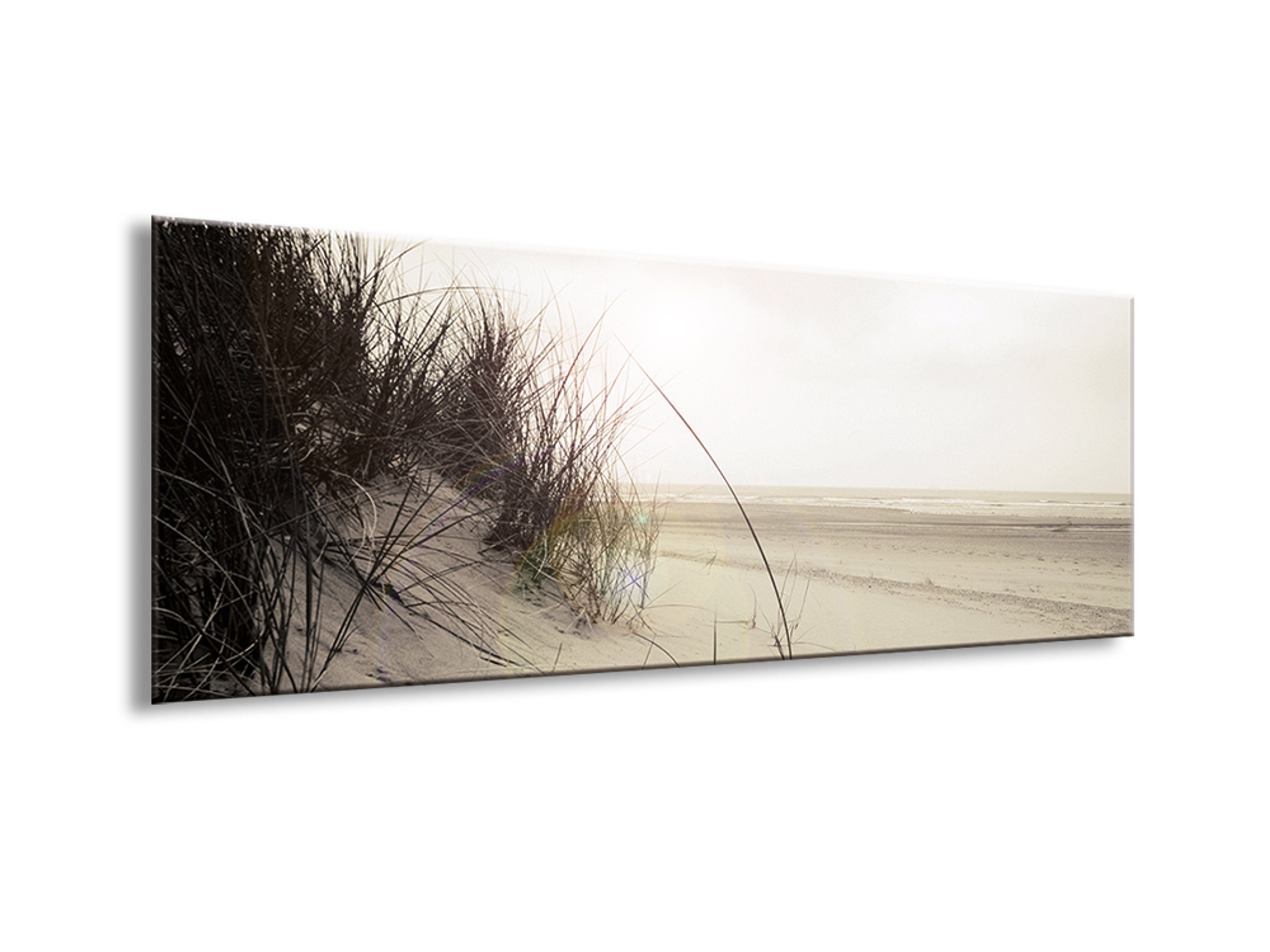 Strand aus Beige, Glasbild 80x30cm Glasbild Düne Meer Strandgräser Landschaft Fotografie: artissimo Glas Bild