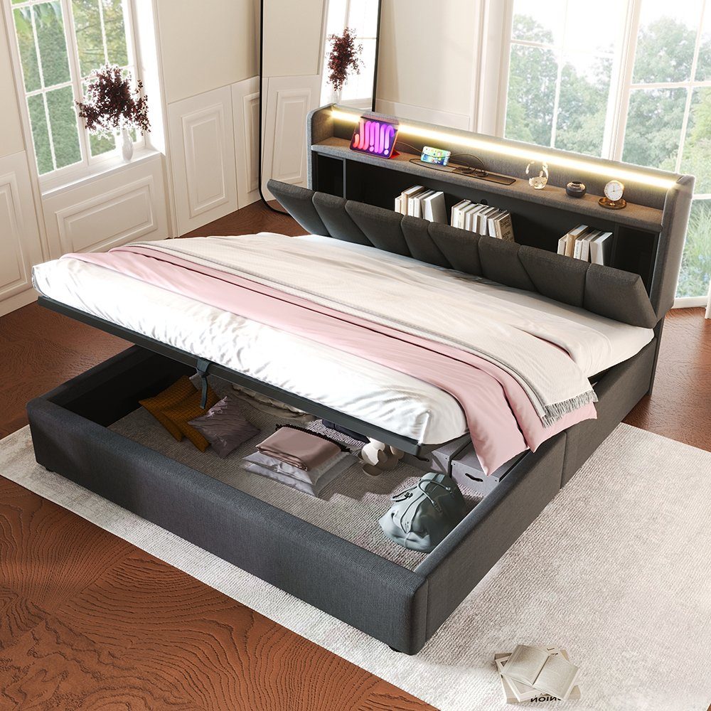 Polsterbett (140 x 200 cm Hydraulisches Bett mit Lattenrost), Dopplebett mit LED-Beleuchtung, USB Ladefunktion & Stauraumkopfteil