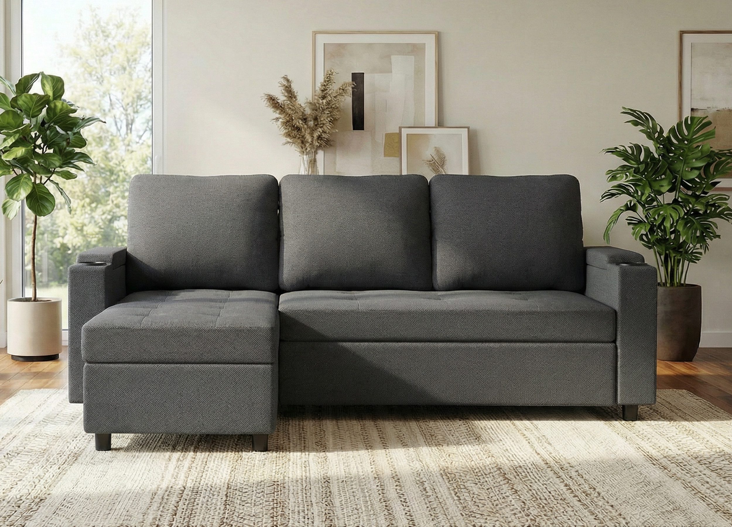HOMALL Ecksofa Multifunktionales L-Form Schlafsofa, mit Stauraum, Gästebett-Funktion, wechselbarer Links-/Rechtsposition, Tassenhaltern & Seitentasche