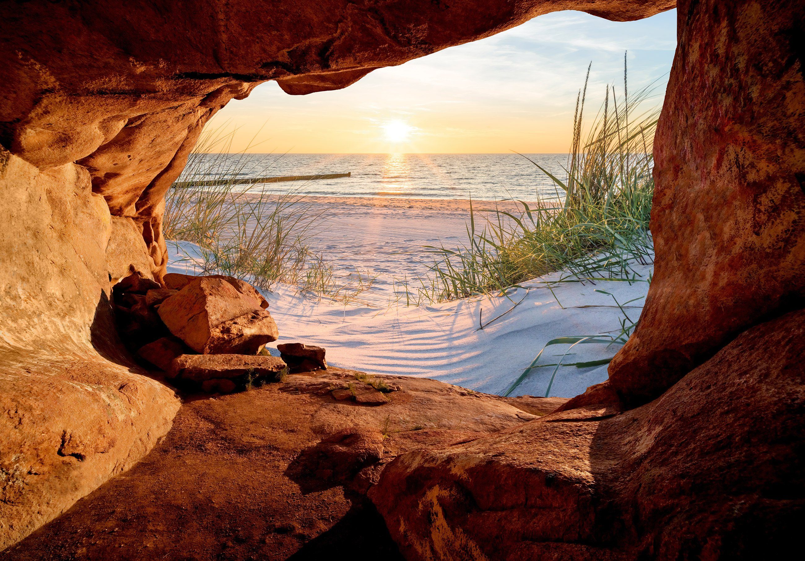 Wallarena Fototapete 3D EFFEKT Strand Höhle Meer Nordsee Panorama Wohnzimme günstig online kaufen