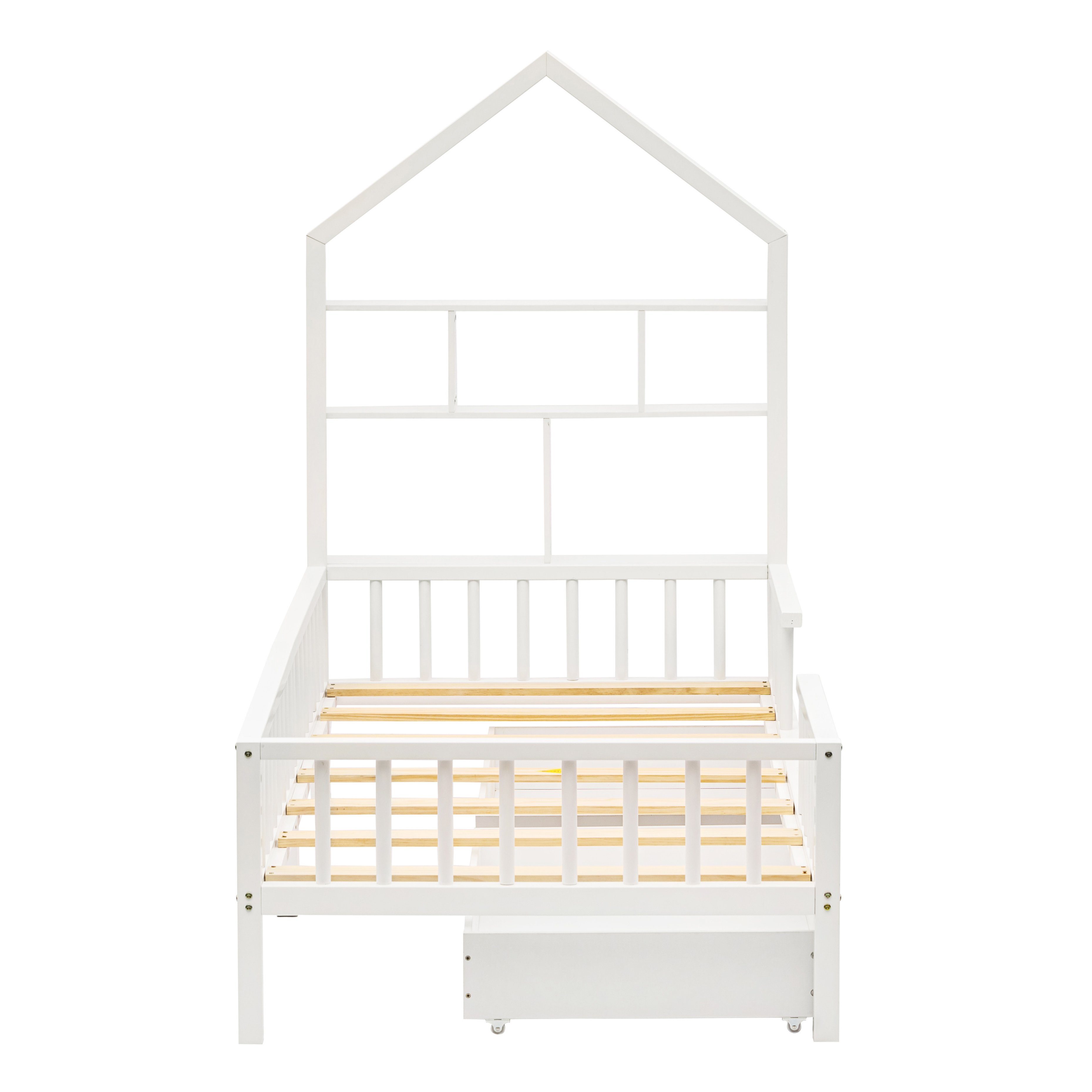 Kinderbett (Jugendbett Einzelbett 90x200cm), mit Schubladen und Lattenrost, Hausbett mit Bücherregal Rausfallschutz