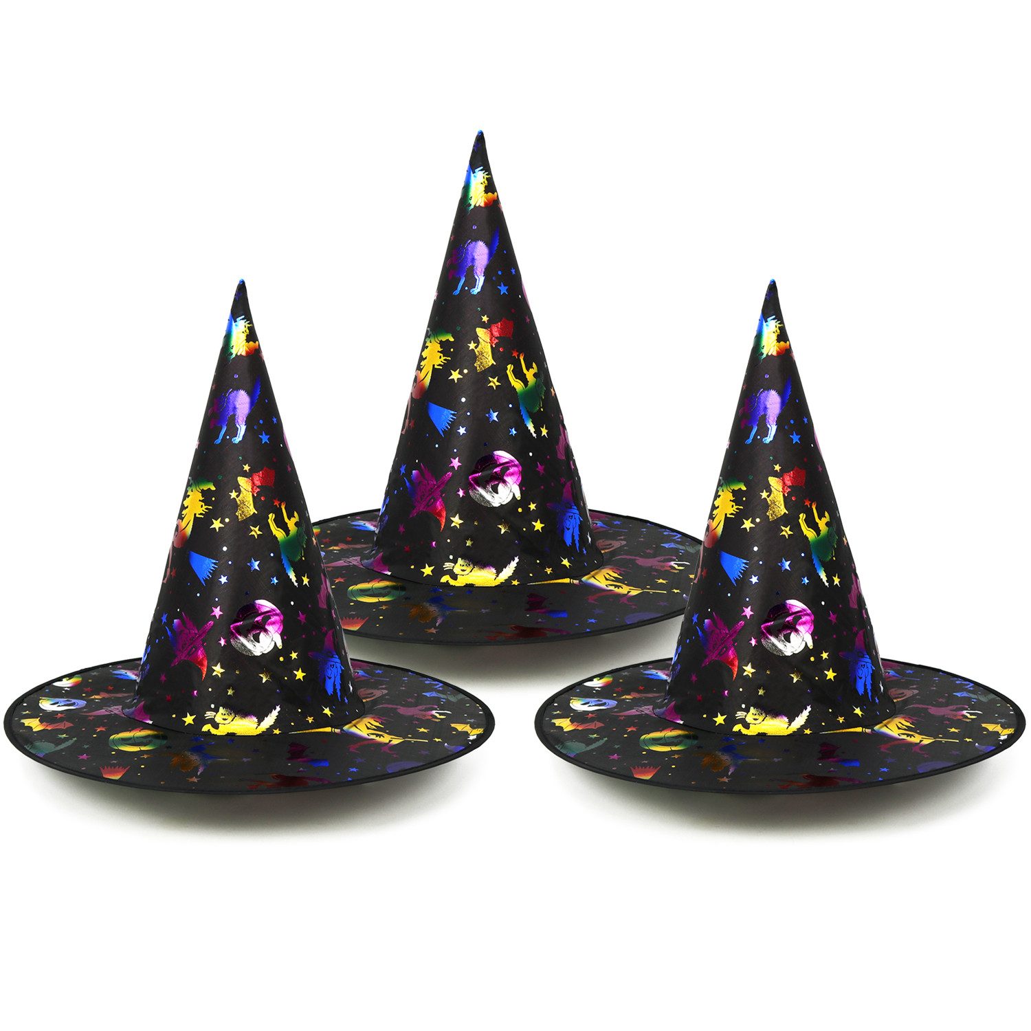 com-four Hexen-Kostüm Hexenhut für Erwachsene, Halloween Kostümzubehör - 33 x 38 cm, Zauberer Hut mit glänzenden Motiven für Fasching, Karneval, Halloween