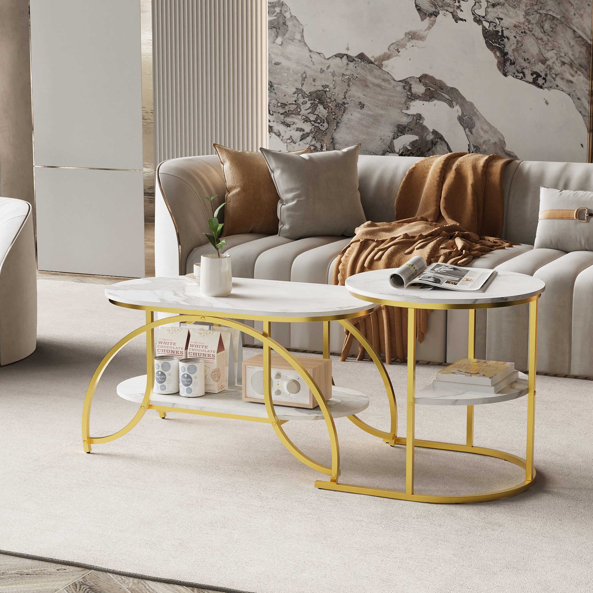 Gdood Couchtisch Rund Kaffeetisch Beistelltisch Satztische 2er Set (2-St., Ideal für Wohnzimmer & Büro, Platzsparendes stapelbares Design), Mit Marmormuster Tischplatte, 80 x 46 x 45 cm + 52 x 51 cm