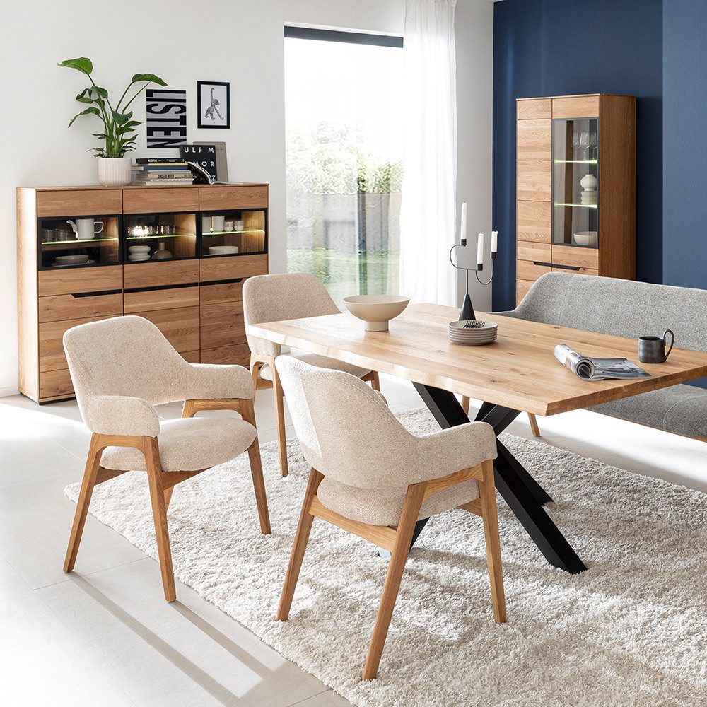 Lomadox Esszimmer-Set AVESTA-06, (Spar-Set, 3-St., Highboard Vitrine), in Eiche teilmassiv, grifflos, LED-Beleuchtung, Esstisch 180x100 cm
