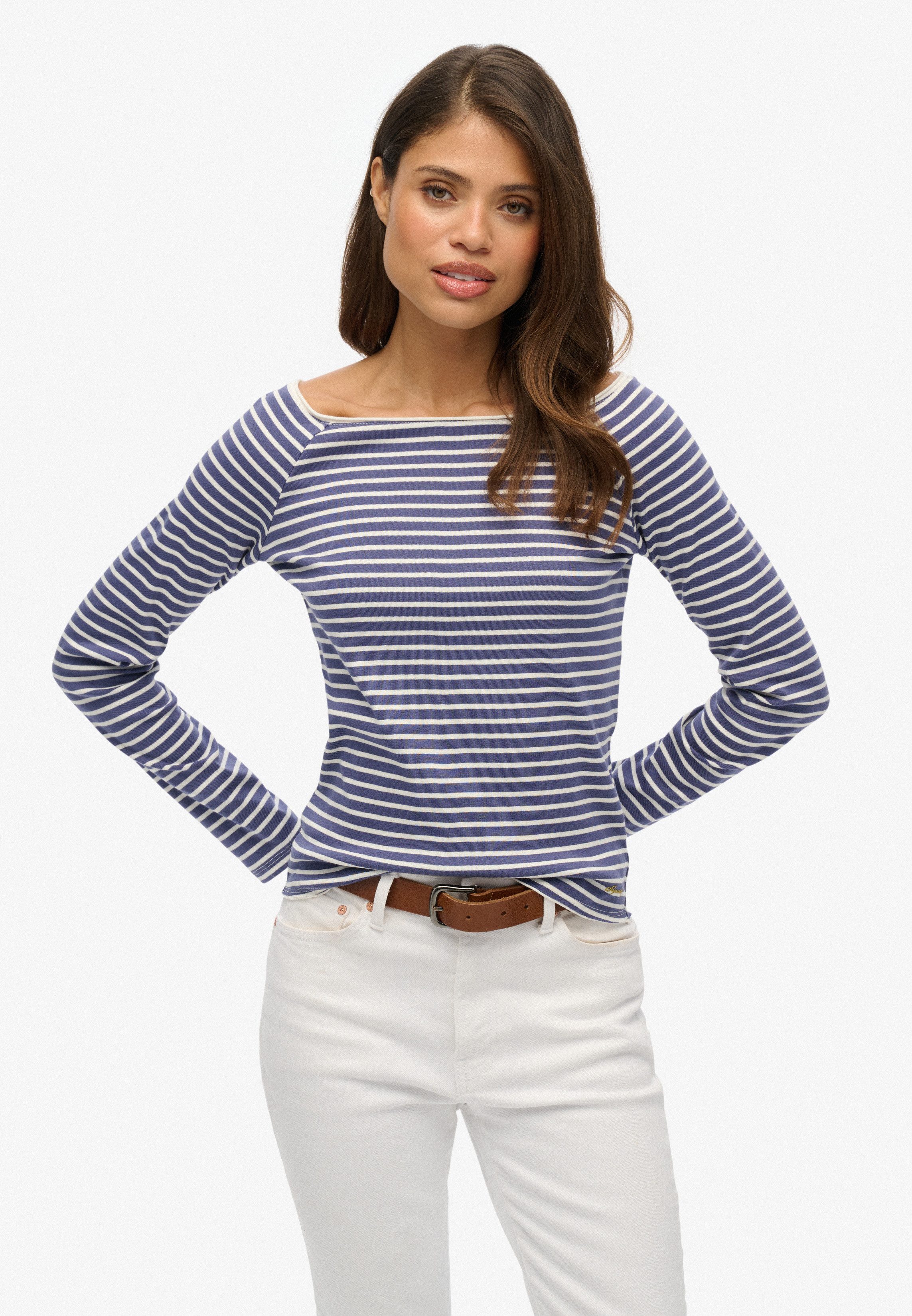 Superdry Langarmshirt BARDOT OFF SHOULDER TOP mit U-Boot Ausschnitt und Wellenkante am Bund