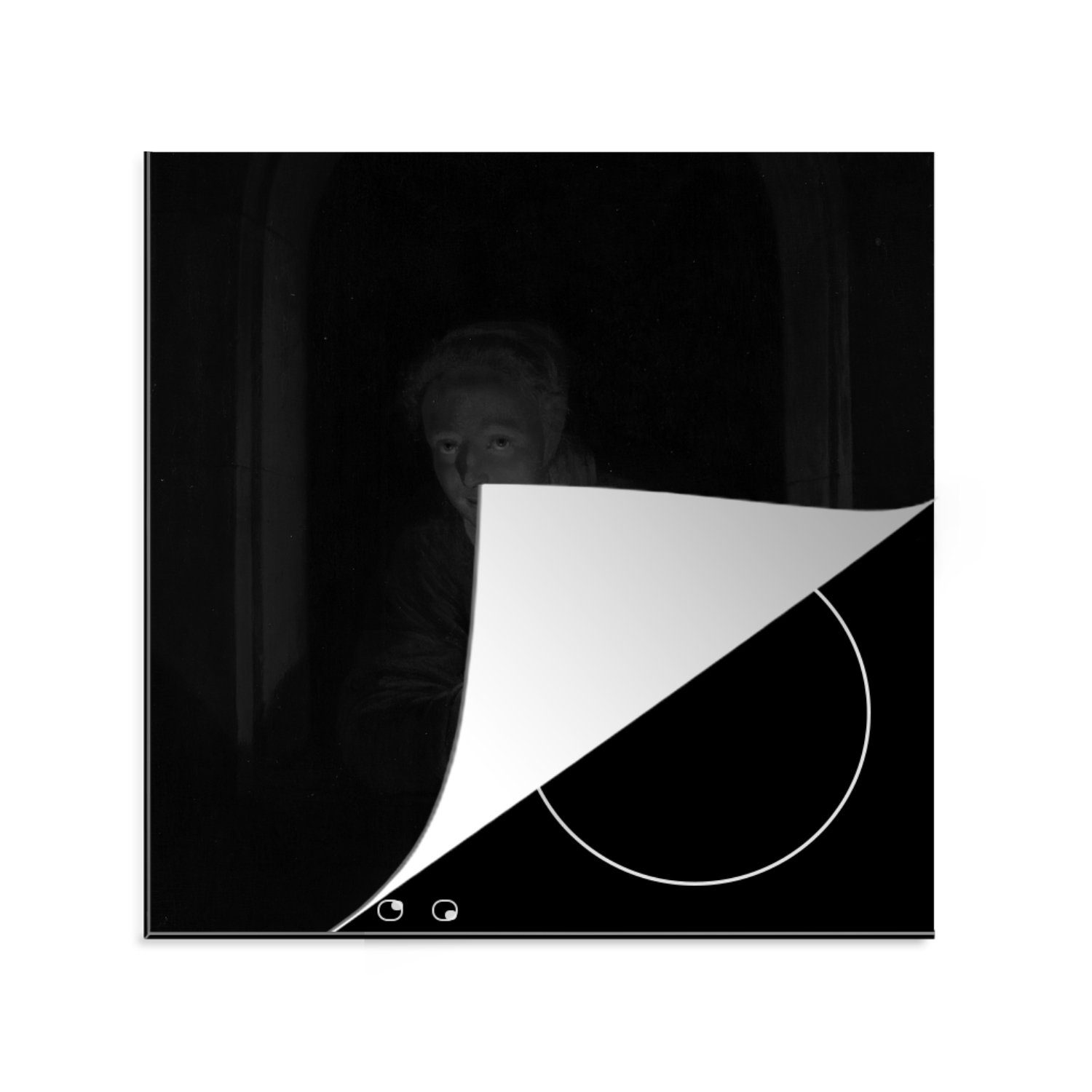 Gemälde 78x78 einer Vinyl, Dou, Schwarz von küche cm, (1 Lampe Mädchen Weiß - Arbeitsplatte Ceranfeldabdeckung, Gerrit mit tlg), Herdblende-/Abdeckplatte für in und MuchoWow