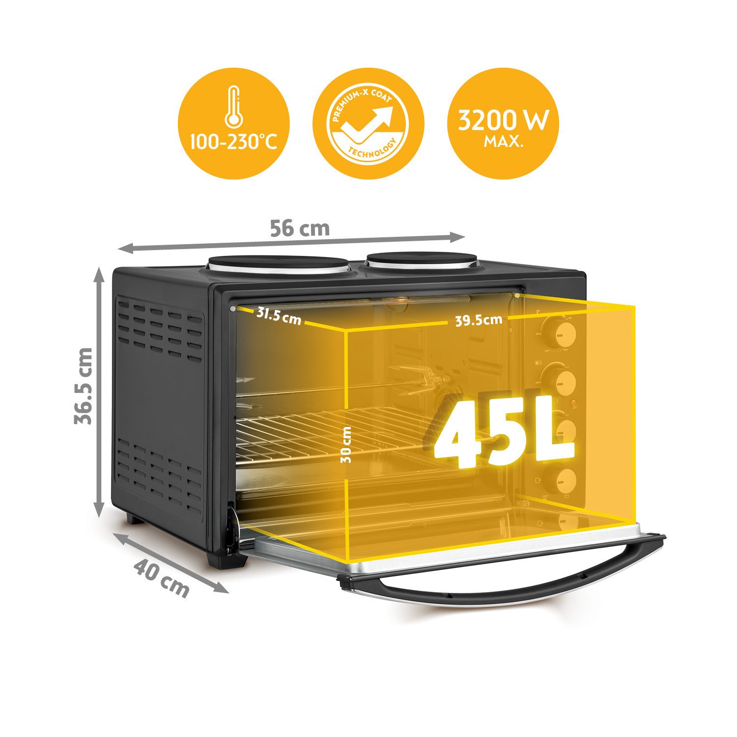 TZS FIRST AUSTRIA Minibackofen mit Kochplatten, 45L, Premium-X Coating,3200 Watt Umluft, Pizzaofen, max 230°C, Backblech, Drehspieß, Grillrost, Innenbeleuchtung