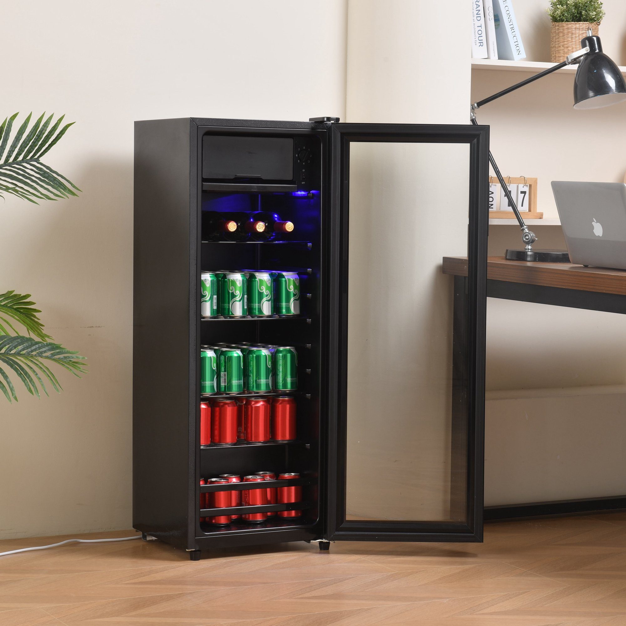REDOM Kühlschrank 128L mit Gefrierfach, Glastür, LED-Beleuchtung