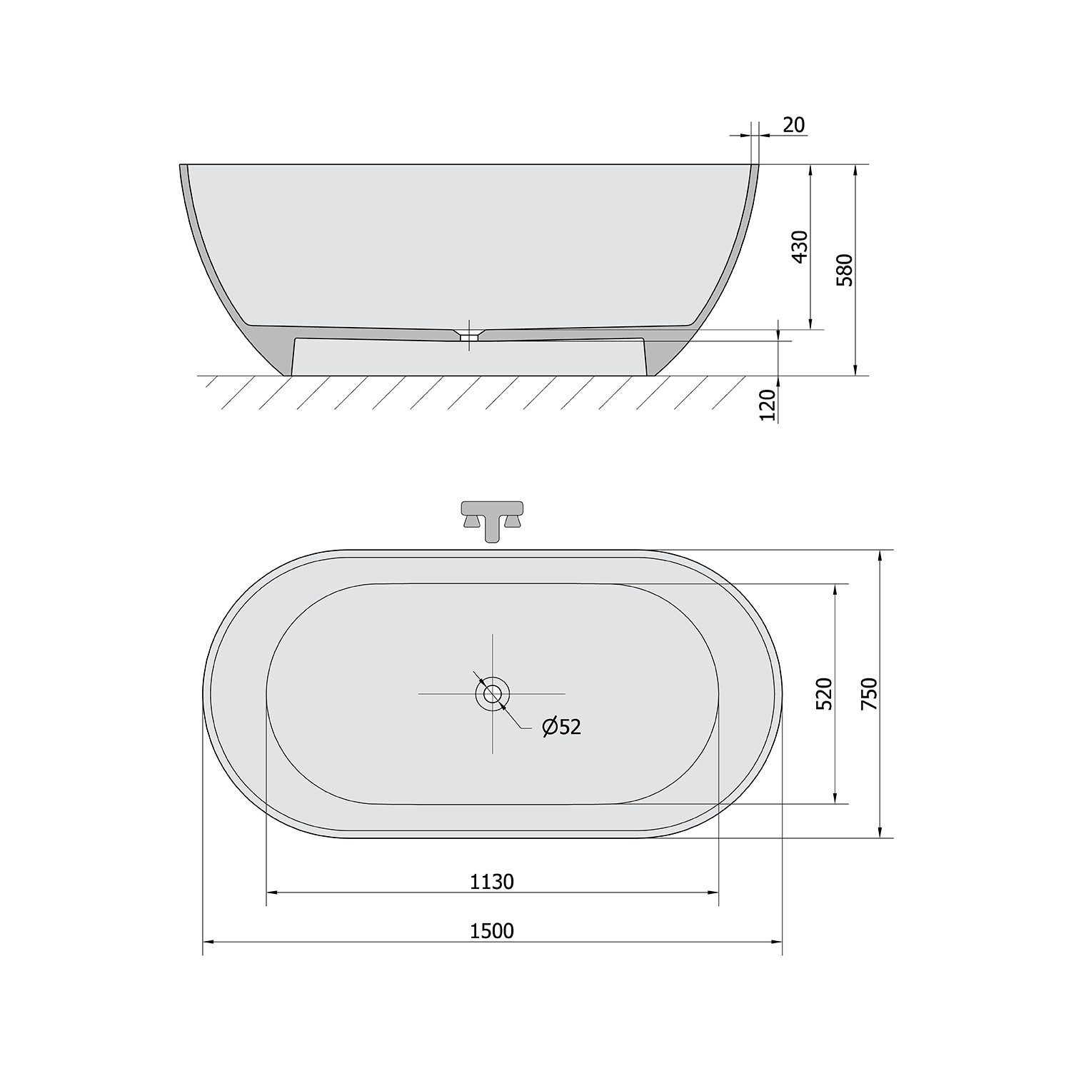 Polysan s.r.o. Badewanne REDUTA Freistehende Badewanne, Gussmarmor 150x75x58cm, Weiß matt, Polysan-71843MAT