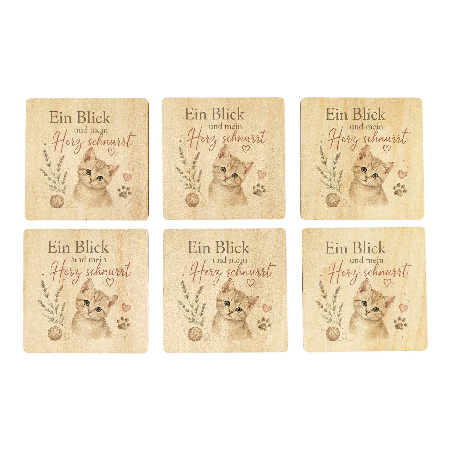 speecheese Glasuntersetzer 6er Set Untersetzer Holz Ein Blick verzaubert Katze Mit Spruch: und