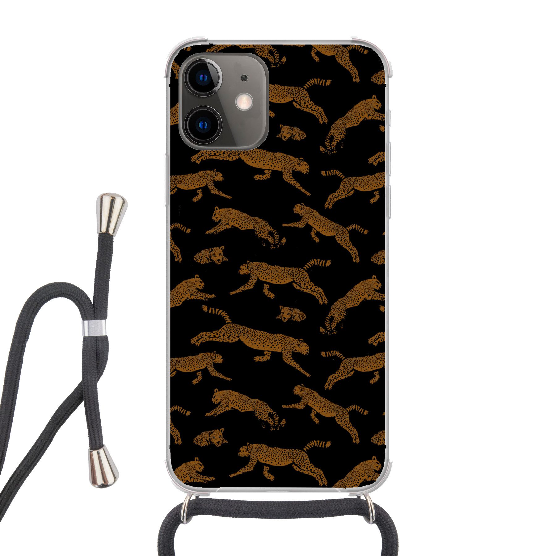 MuchoWow Handyhülle für Apple iPhone 11 Panther - Muster - Tiere - Schwarz - Braun, Tragbare Handyhüllen mit Kette zum umhängen, Handykette Handyband