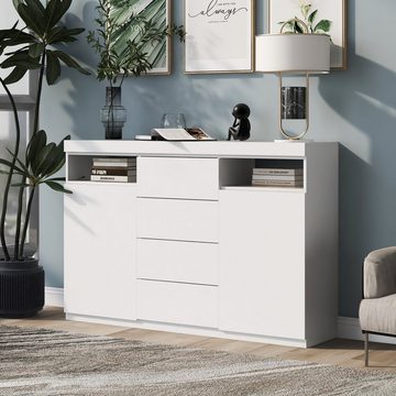 Merax Sideboard mit 16 Farben LED-Beleuchtung inkl. Fernbedienung, Kommode, hochglänzend, Lowboard mit 4 Schubladen und 2 Türen, Wohnzimmerschrank