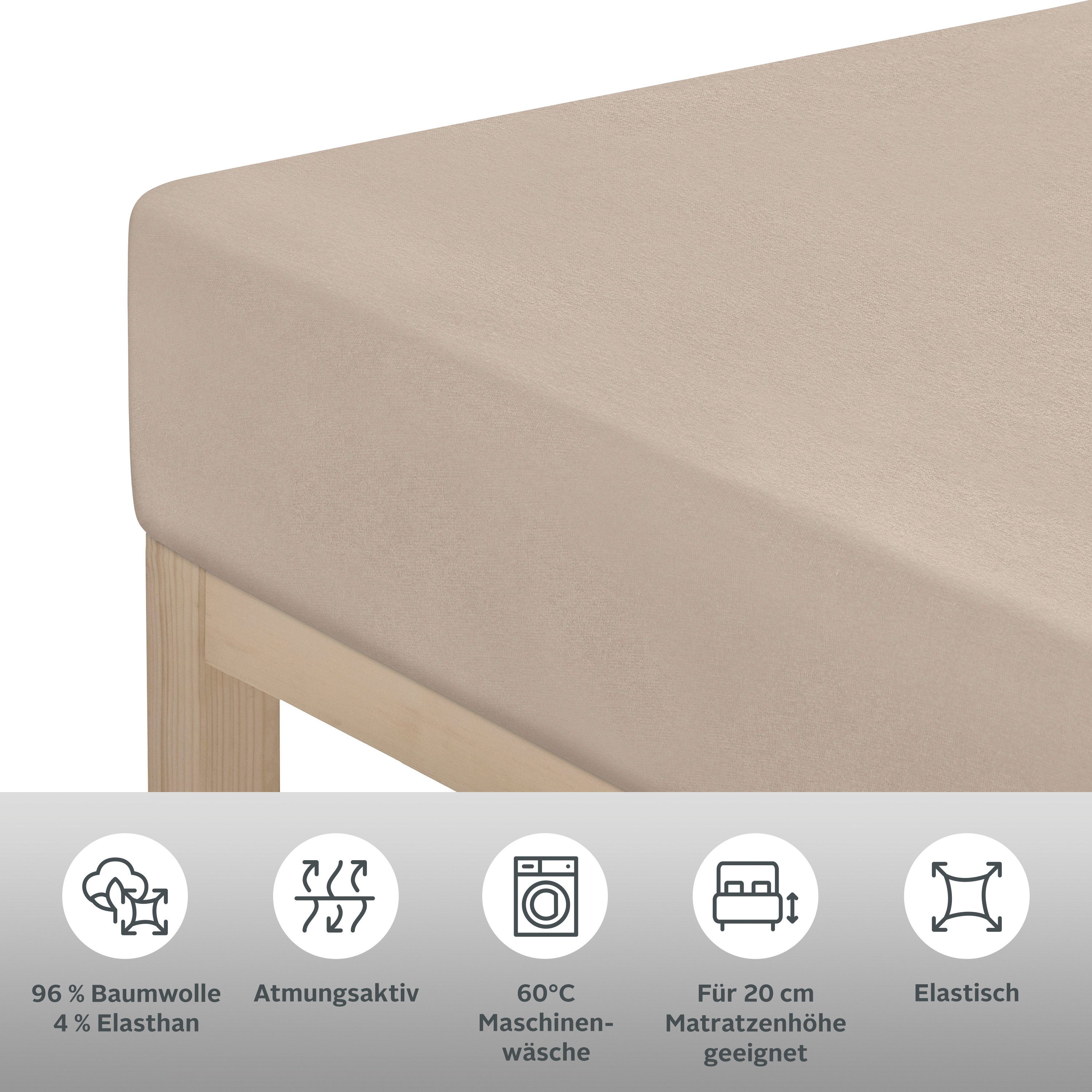 OTTO home Spannbettlaken Cremona, Basic & Premium Qualität mit Elasthan, Jersey (145 g/m), Gummizug: rundum, (1 Stück), Bettlaken für Matratzen von 20-25 cm Höhe, 96% Baumwolle & 4% Elasthan