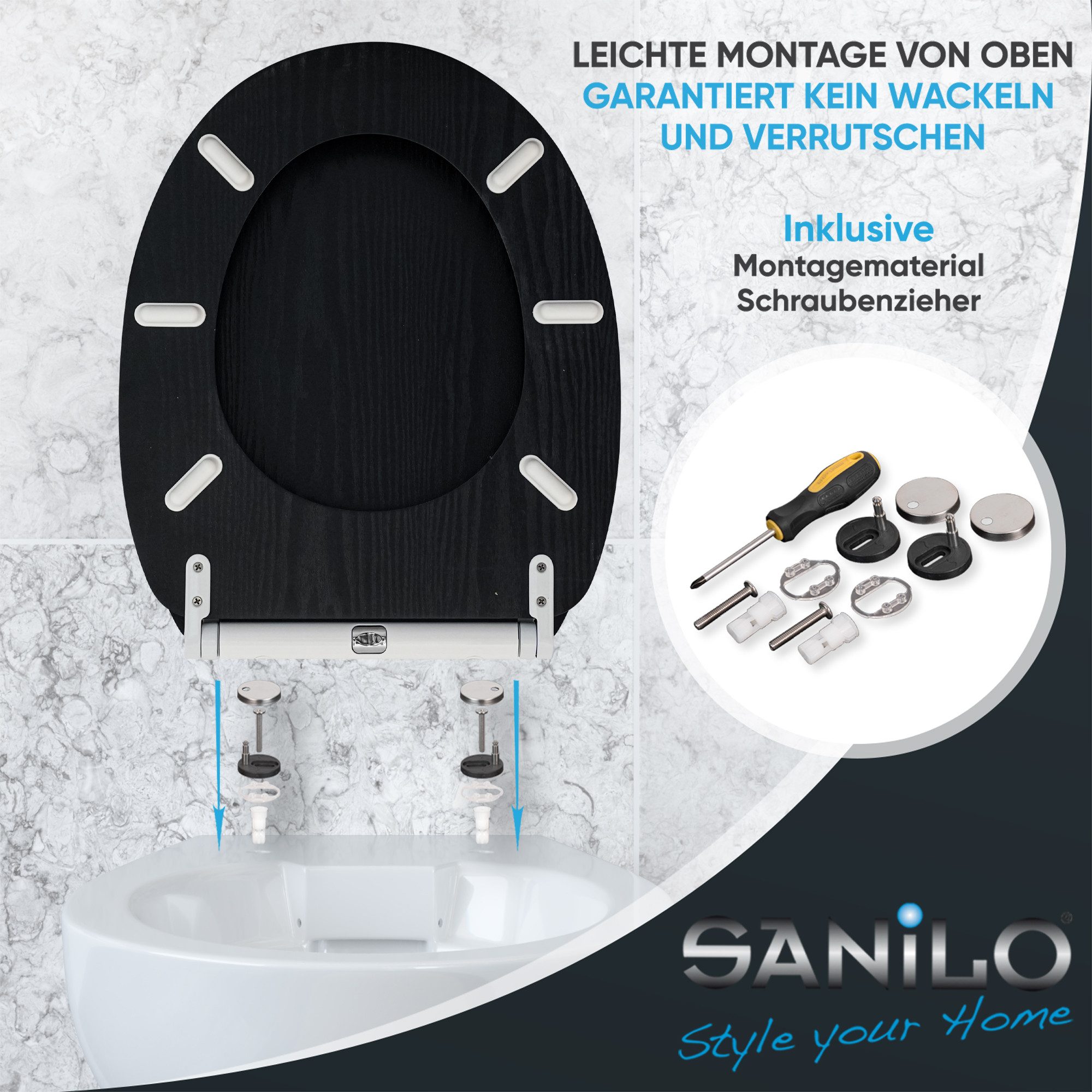 Sanilo WC-Sitz Black Wood mit Absenkautomatik & Quick Release, Premium Toilettendeckel, abnehmbar, leichte Montage von oben – Bild 5 von 5