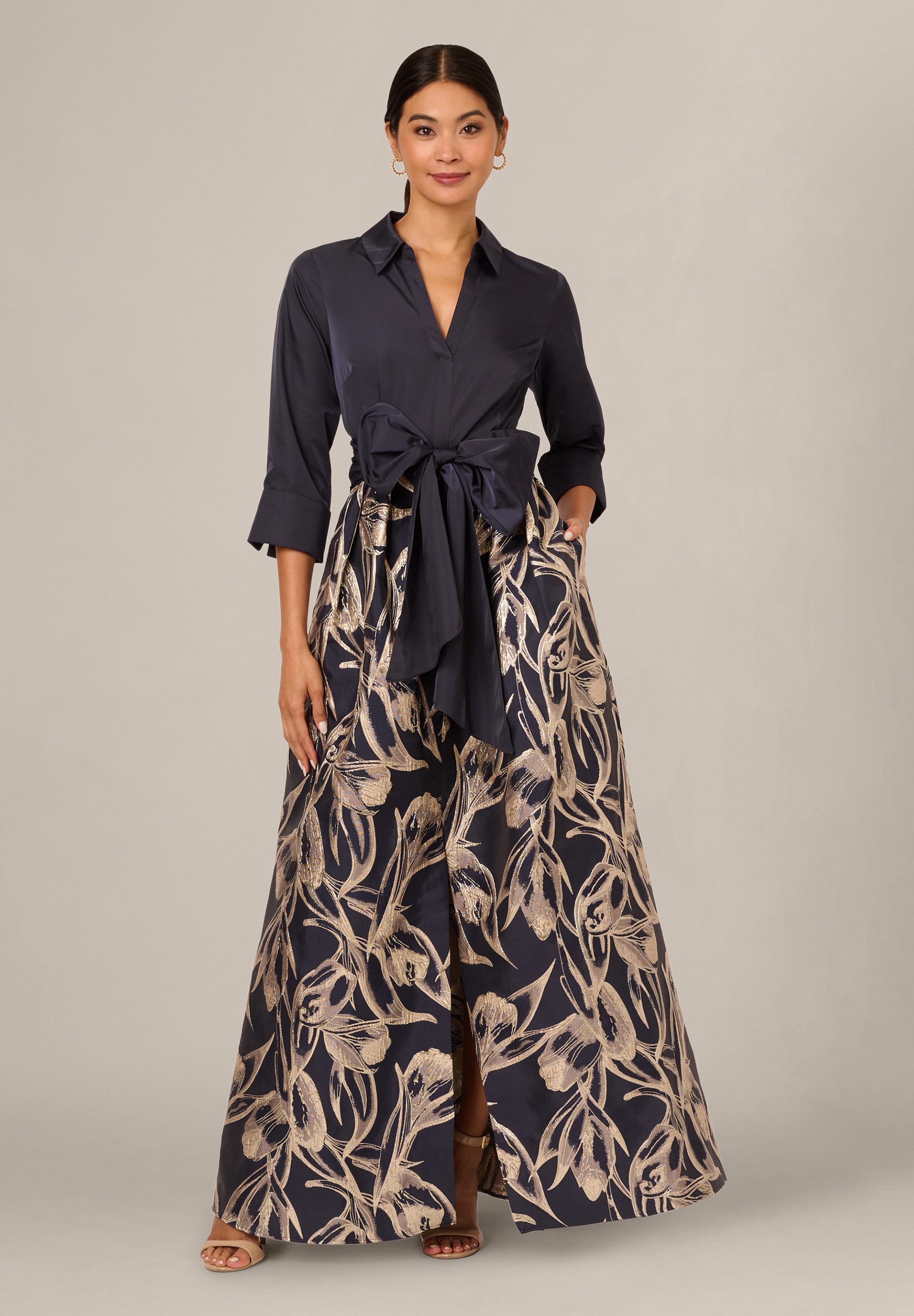 Adrianna Papell Abendkleid Shirt Jacquard Long Dress Kombiniertes Stoffkleid mit Hemdkragen