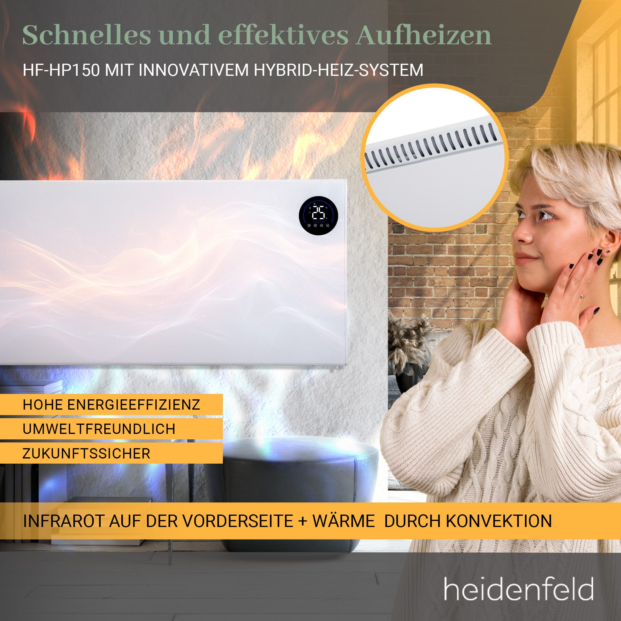 Heidenfeld Infrarotheizung Hybrid HF-HP150 - schnelles & effizientes Aufheizen, Hybrid-Heiz-System - 3in1 Steuerung - Standfüße