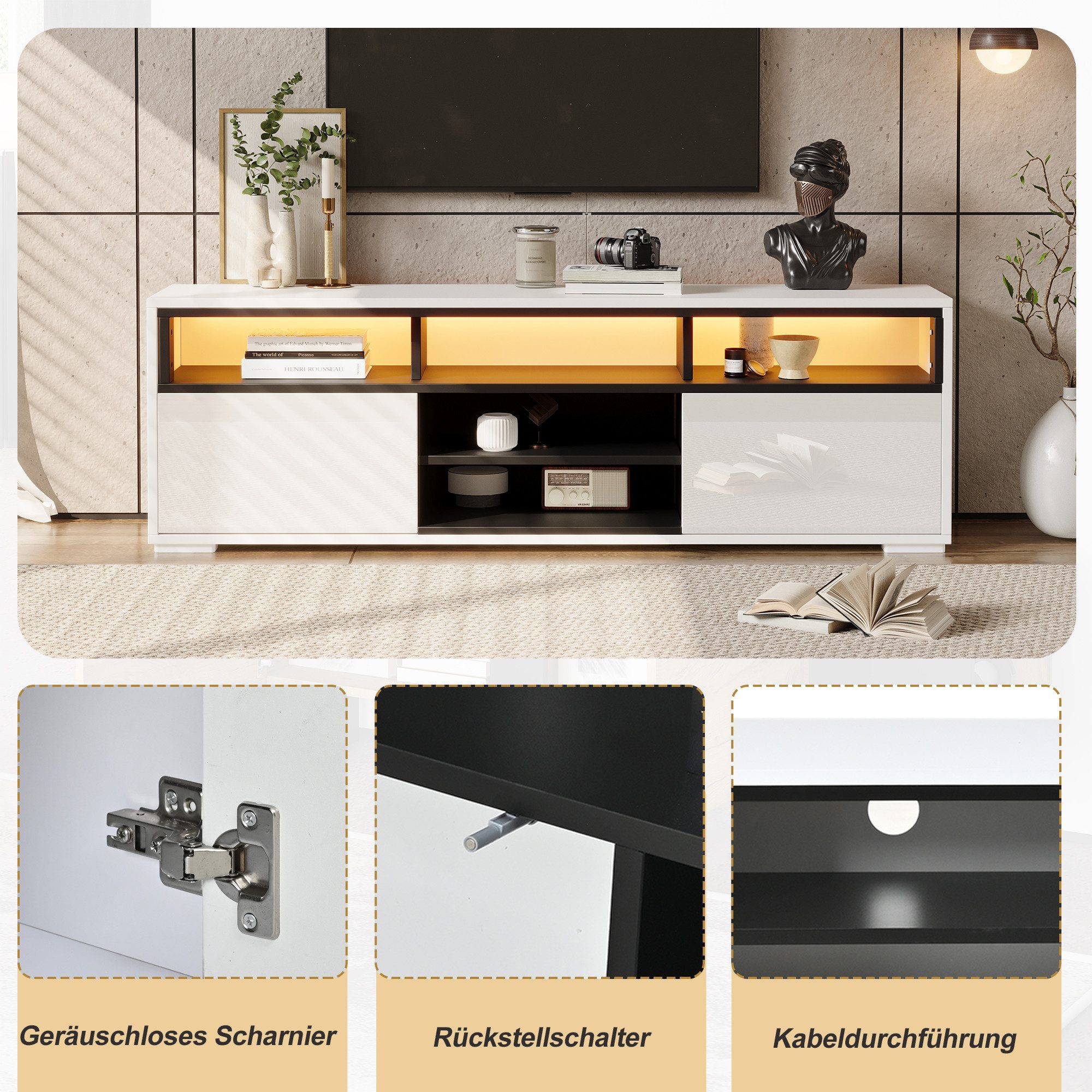 Merax Lowboard hochglanz Fernsehschrank mit LED-Beleuchtung (150 × 35 × 50 cm, 1 St), TV-Board TV-Schrank mit 2 Türen, 8 Fächer, Stauraum & Kabelmanagement – Bild 4 von 5