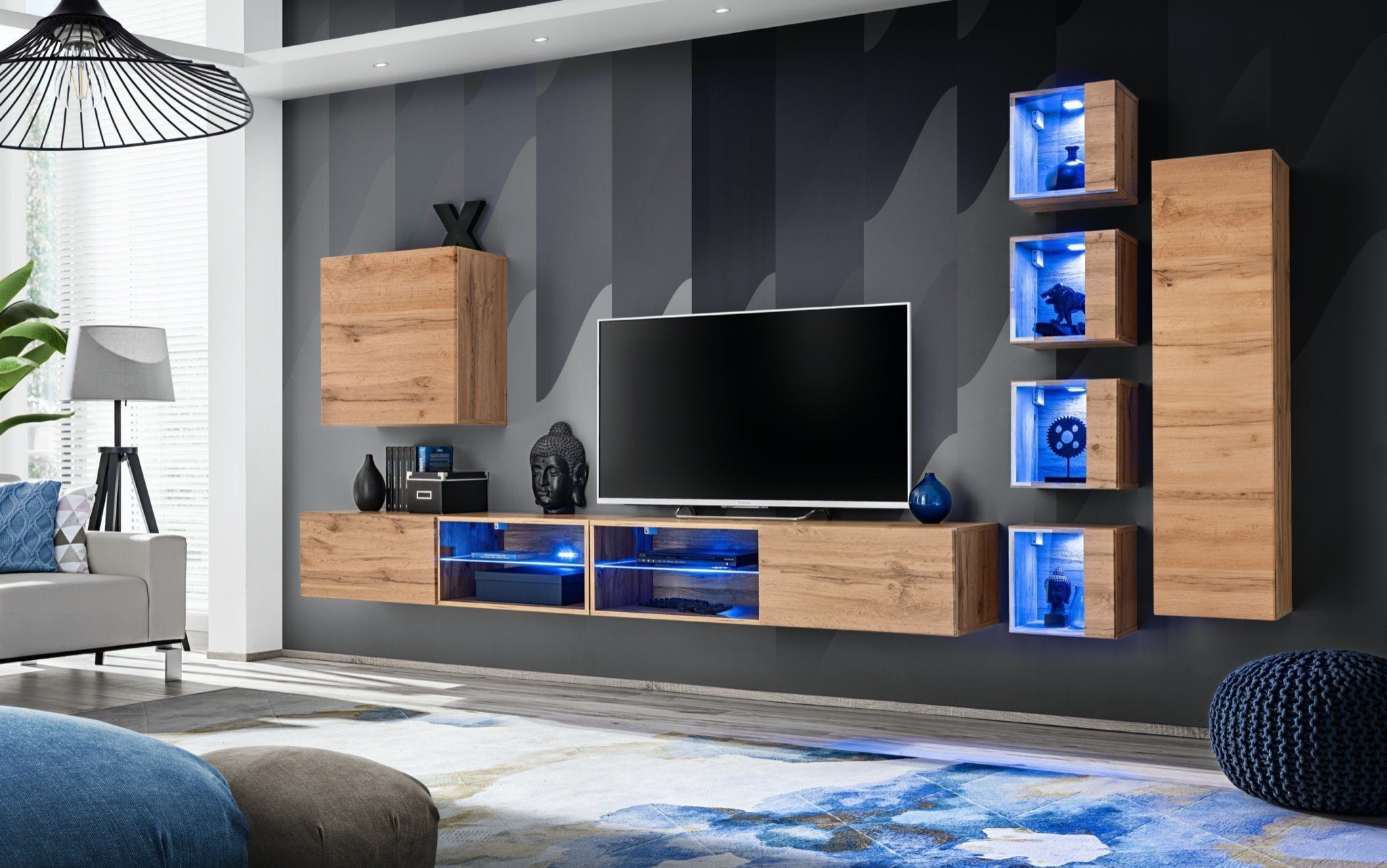 Xlmoebel Wohnwand Wandmöbel mit TV-Bank und Holz-Dekoelementen in modernem Design, (8-St., 2x TV Ständer + 6x Wandschrank), Hergestellt in Europa
