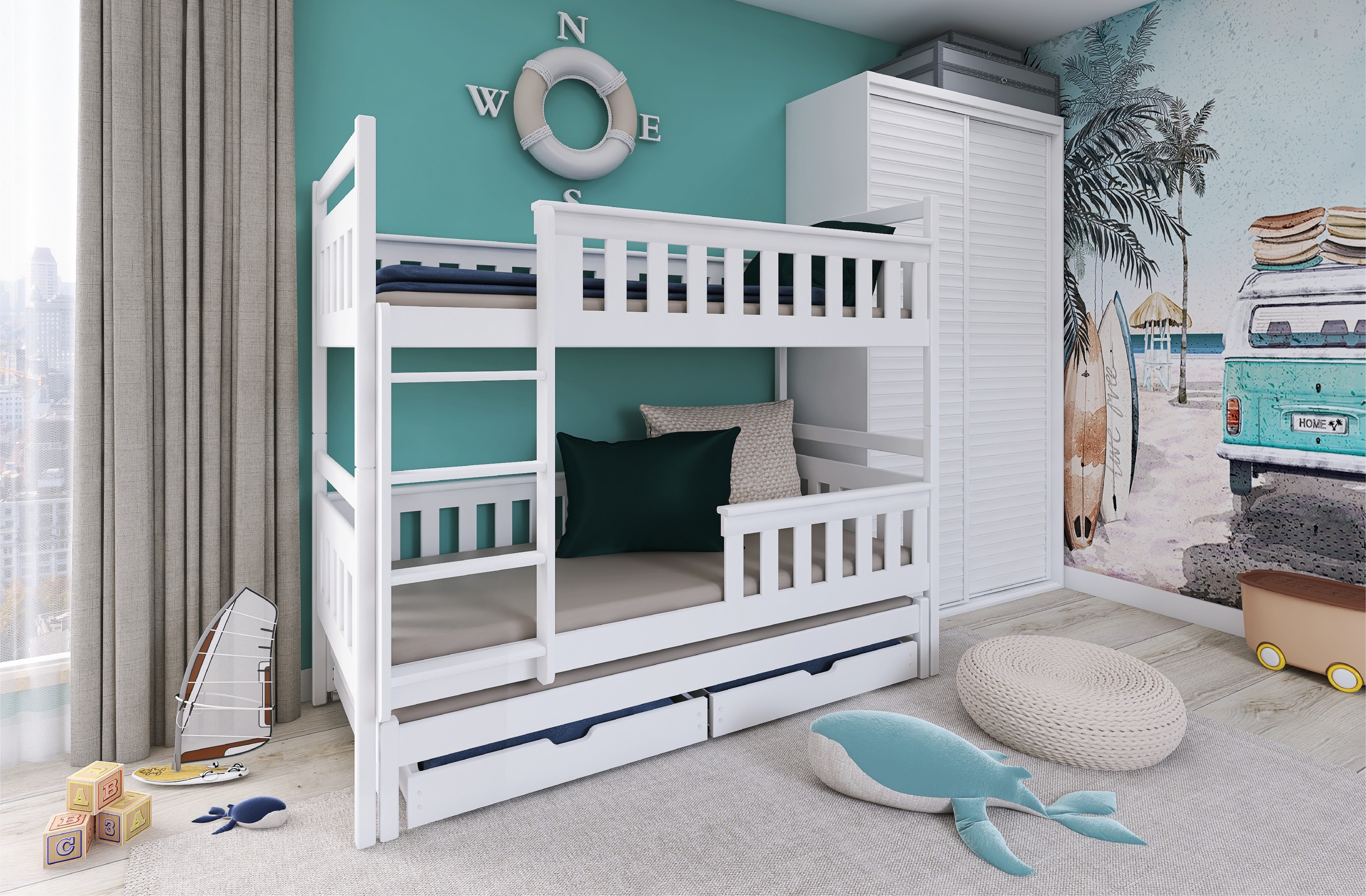 Kids Collective Loft Bed 90x200 with Pull-Out Bed Function, Bunk Bed, Children's Bed with Two Drawers, 2 Slatted Bases, Fall Protection, Convertible into Three Beds, White
