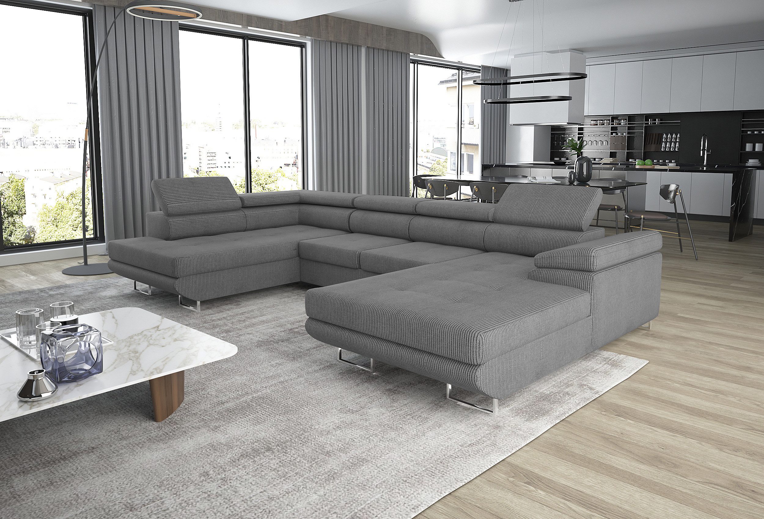 thematys Ecksofa GRENADA in Samt Monolith oder Cord Poso Stoff 355 x 162 cm, U-Form 3 Teile XL-Wohnlandschaft mit Schlaffunktion und Bettkasten