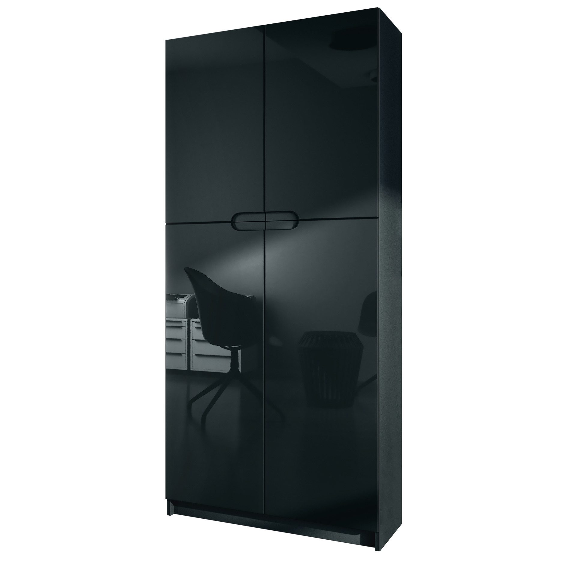 Vladon Aktenschrank Logan (Aktenschrank, mit 5 Fächern und 4 Türen) Schwarz matt/Schwarz Hochglanz (82 x 185 x 37 cm)