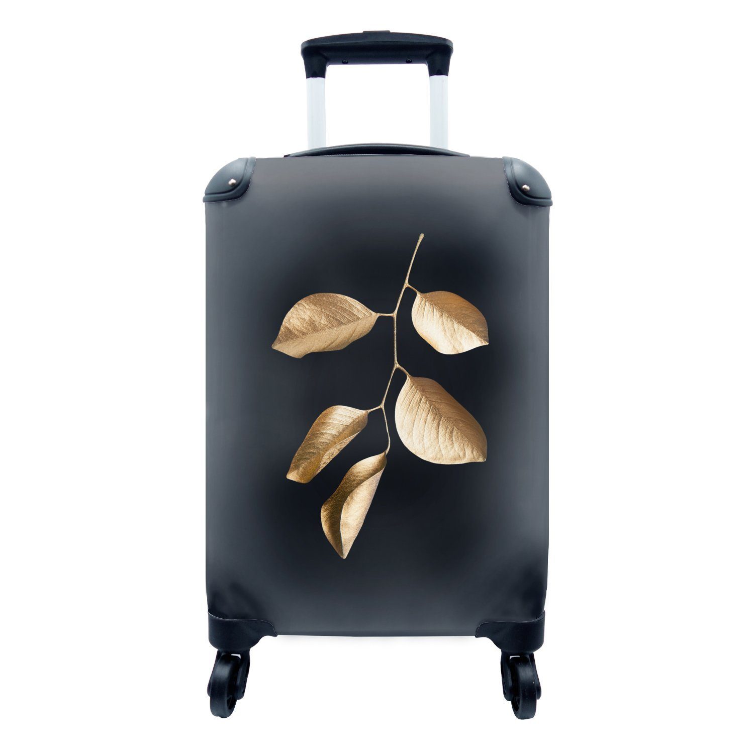 MuchoWow Handgepäckkoffer Blätter - Schwarz und Gold - Luxus, 4 Rollen, Reisetasche mit rollen, Handgepäck für Ferien, Trolley, Reisekoffer