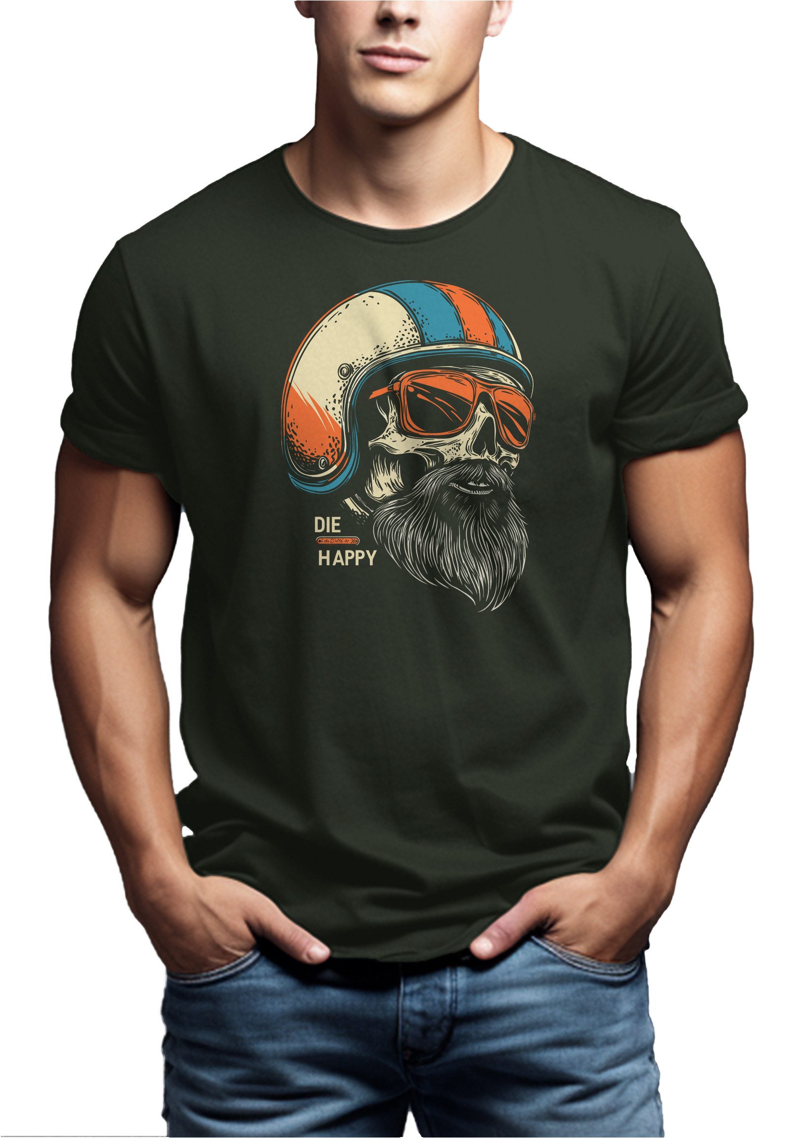 MAKAYA T-Shirt Bikershirt für Herren – Totenkopf mit Bart & Helm mit Aufdruck (Schwarz, Blau, Grün, Blaugrau, Grau, S, M, L, XL, XXL, 3XL, 4XL, 5XL) Baumwolle