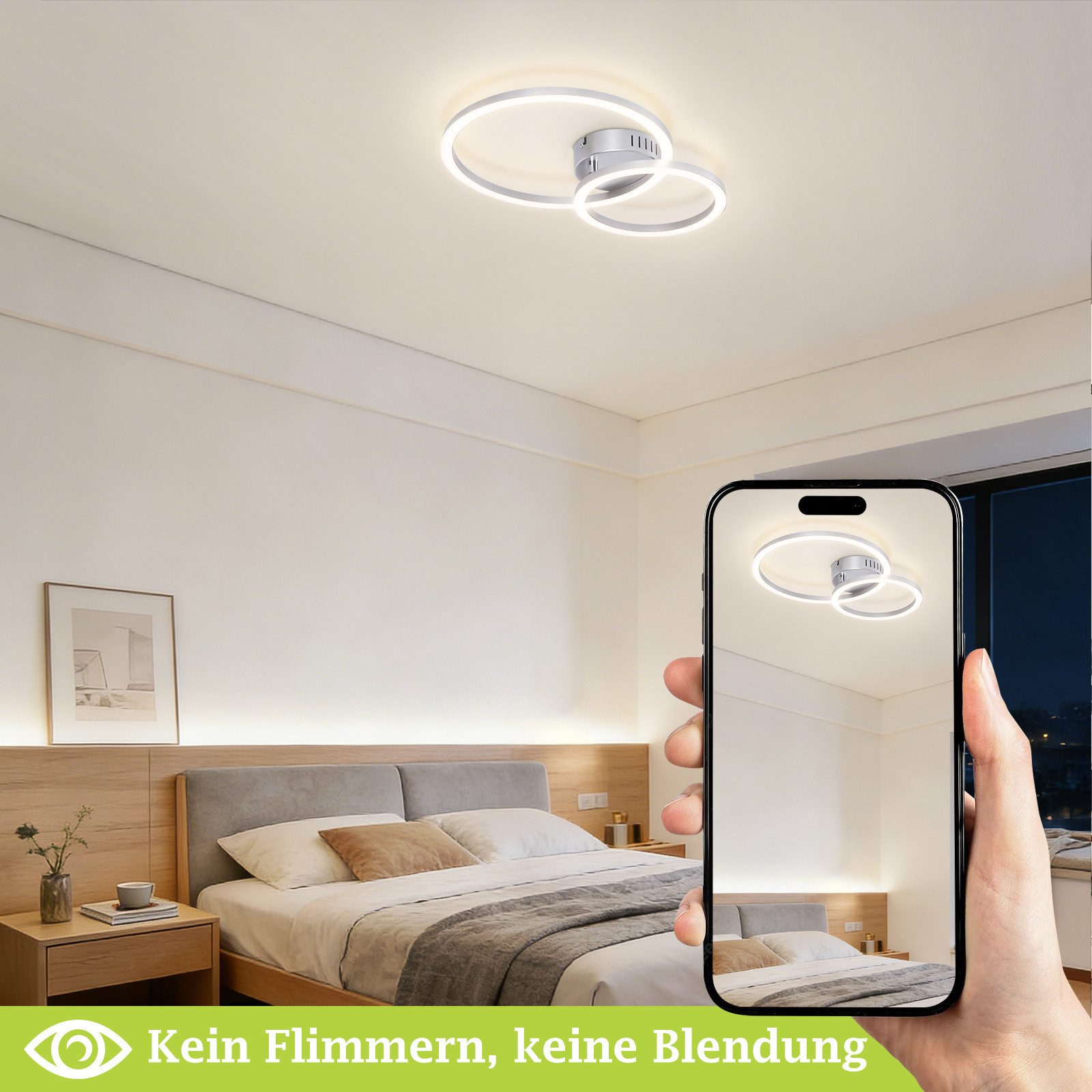 Nettlife LED Deckenleuchte Wohnzimmer 2 Ringe Schwarz/Weiß/Silber Modern 23W Deckenlampe 40.5CM, Nicht dimmbar, LED fest integriert, Warmweiß, für Wohnzimmer Sc – Bild 5 von 5