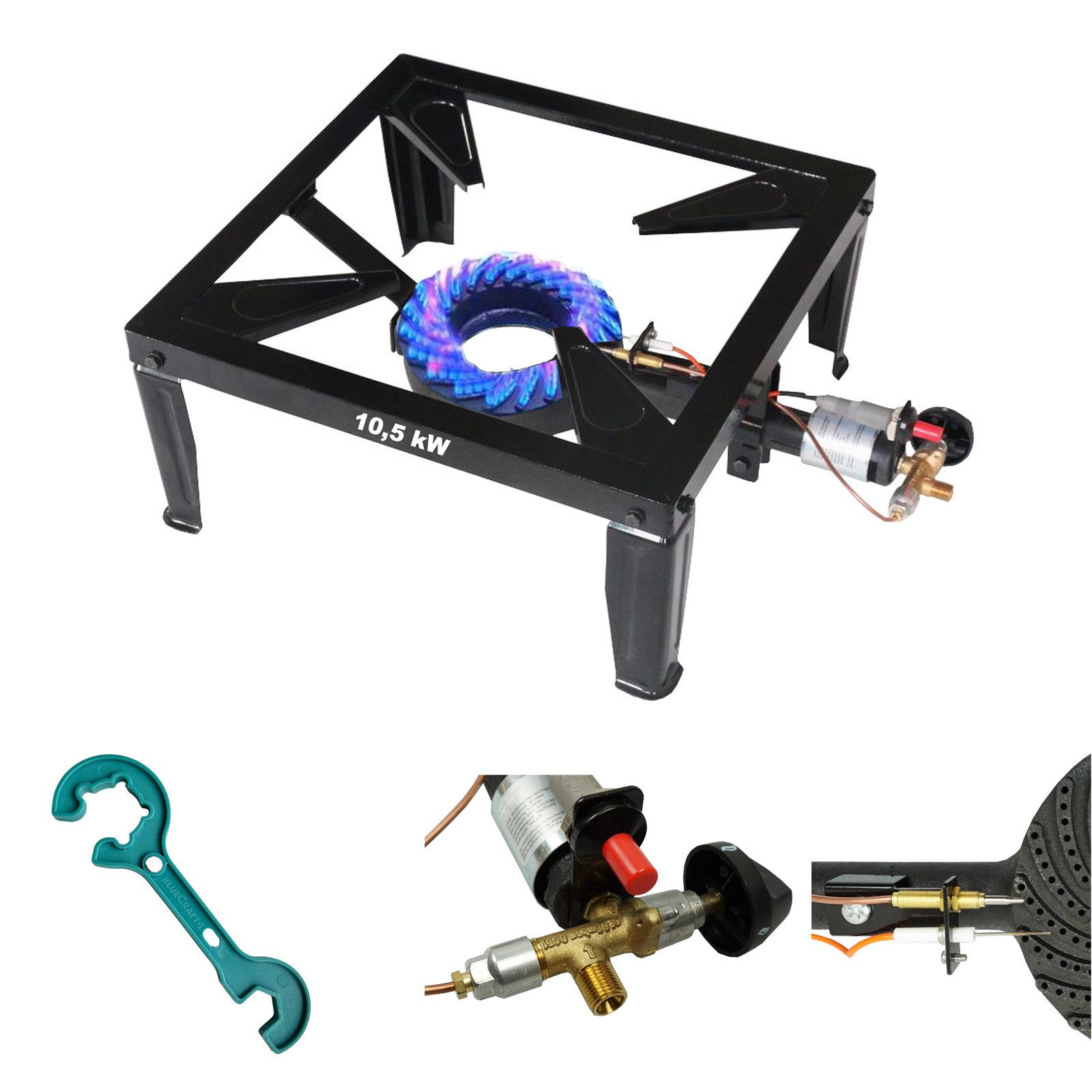BlueCraft Gaskocher Hockerkocher 10,5 kW Gas mit Zündsicherung Piezozündung für Gasflasche, (Inklusive 2 in 1 Gasregler-Schlüssel mit Magnet), 4 Bein Profi Gasbrenner Gusseisen für Camping Räucheröfen Wok Kocher