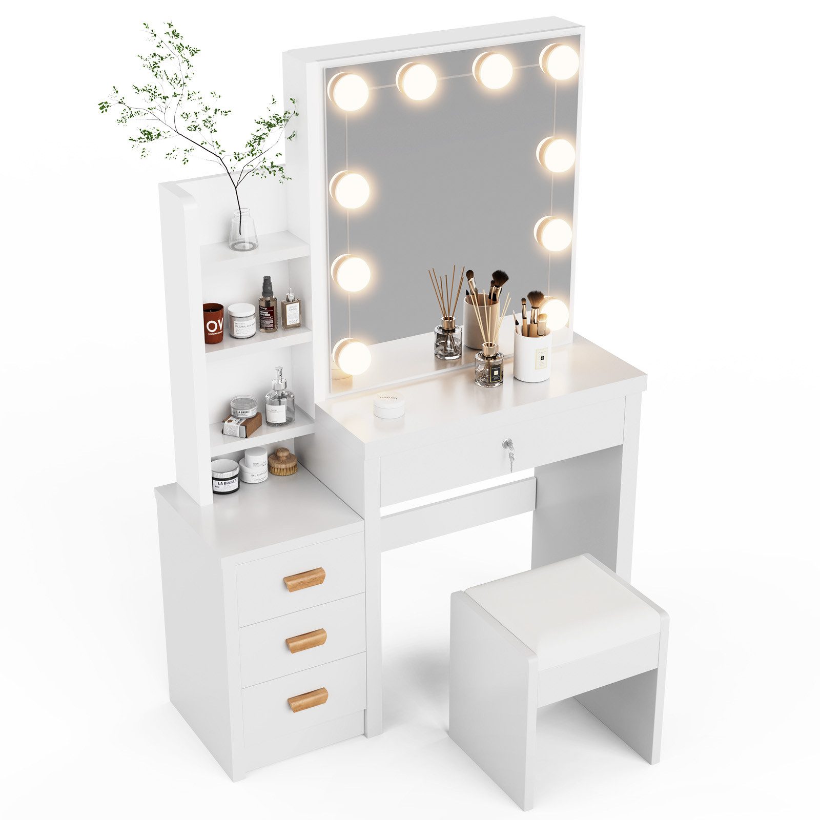 oyajia Schminktisch Frisierkommode mit Hocker, Frisiertisch Spiegel mit LED Beleuchtung (Make-up Tisch mit 4 Schubladen und 4 offene Ablagen), Frisiertisch Kosmetiktisch Hollywood mit LED-Beleuchtung aus Holz,Weiß