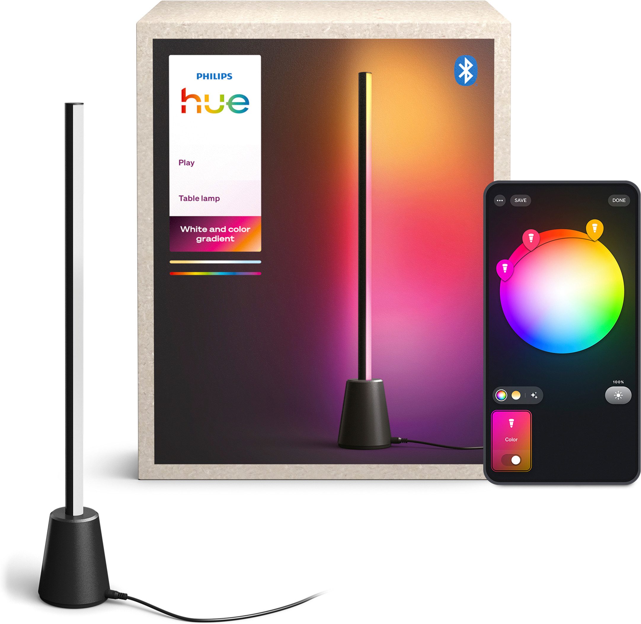 Philips Hue LED Tischleuchte Play, 60 cm, RGBW, Weiß & Farbverläufe, smartes Licht, Abschaltautomatik, Bluetooth, CCT - über Fernbedienung, Dimmer, Dimmfunktion, Farbsteuerung, Farbwechsel, Leuchtdauer einstellbar, Memoryfunktion, Nachtlichtfunktion, RGB, Smart Home, Timerfunktion, Weckerfunktion, dimmbar über Fernbedienung, getrennt schaltbar, mehrere Helligkeitsstufen, LED fest integriert, RGB, App‑ & Sprachsteuerung (TV‑Sync mit Hue Bridge & Sync Box)